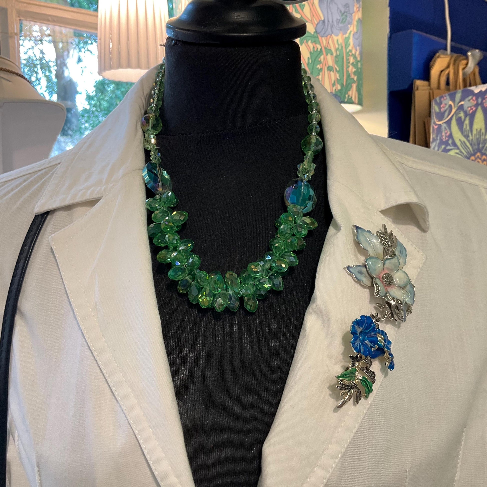 Vintage Butler and Wilson Statement Green Borealis Crystal Cluster Necklace, faceted crystals and silver beads