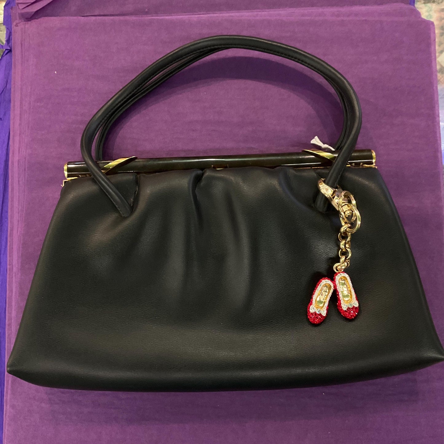 Vintage Butler and Wilson Crystal Dorothy’s Ruby Slippers Hand Bag charm and Keyring, gold tone with red and silver rhinestones