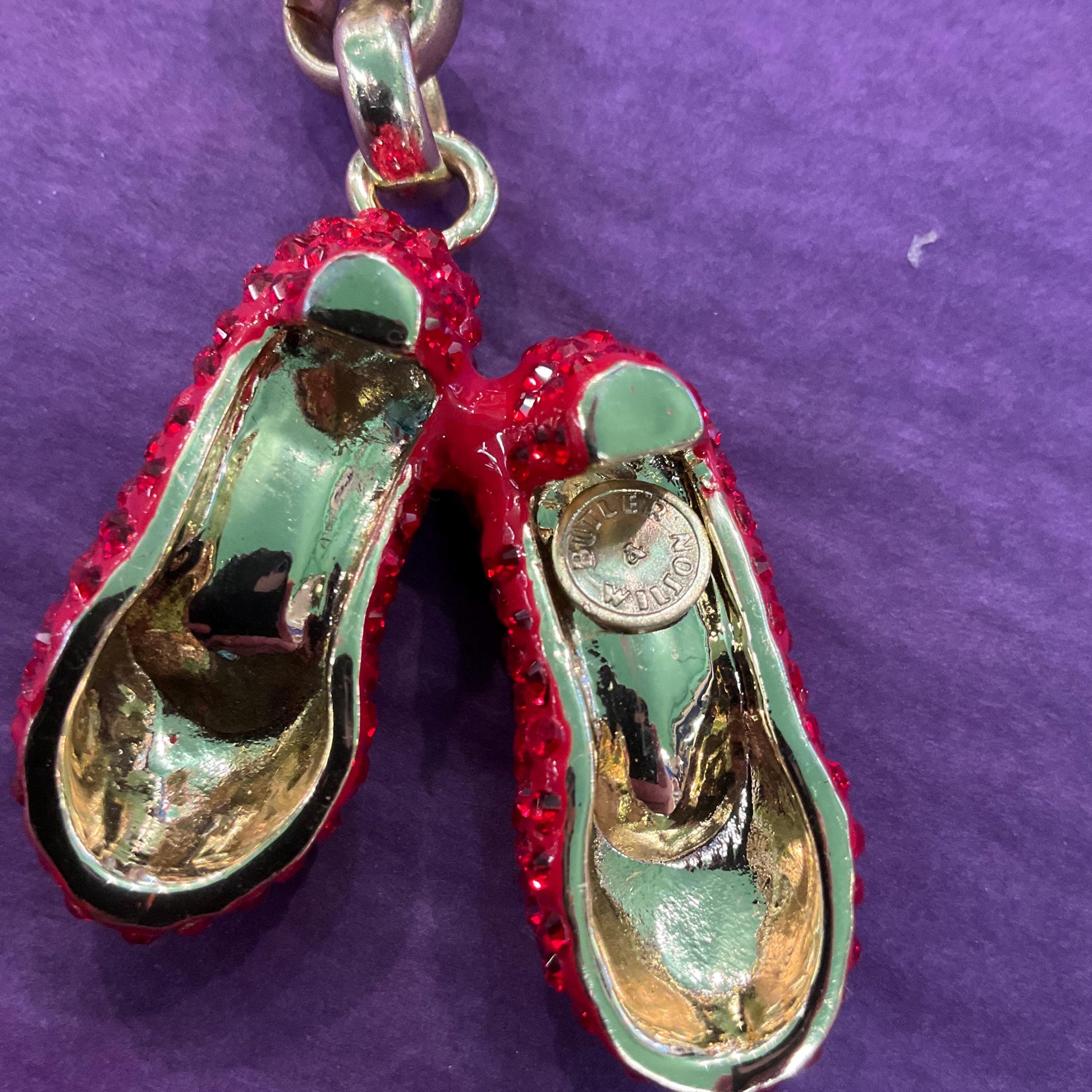 Vintage Butler and Wilson Crystal Dorothy’s Ruby Slippers Hand Bag charm and Keyring, gold tone with red and silver rhinestones