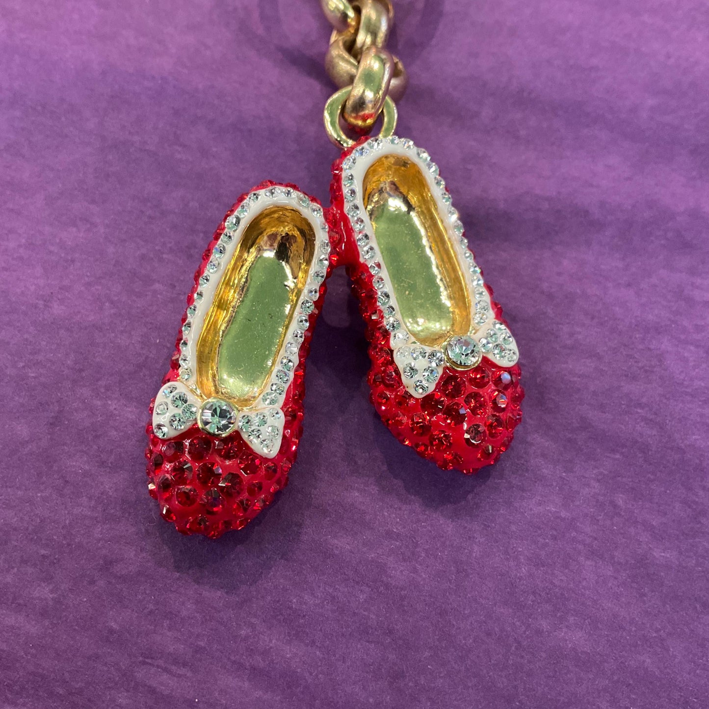 Vintage Butler and Wilson Crystal Dorothy’s Ruby Slippers Hand Bag charm and Keyring, gold tone with red and silver rhinestones