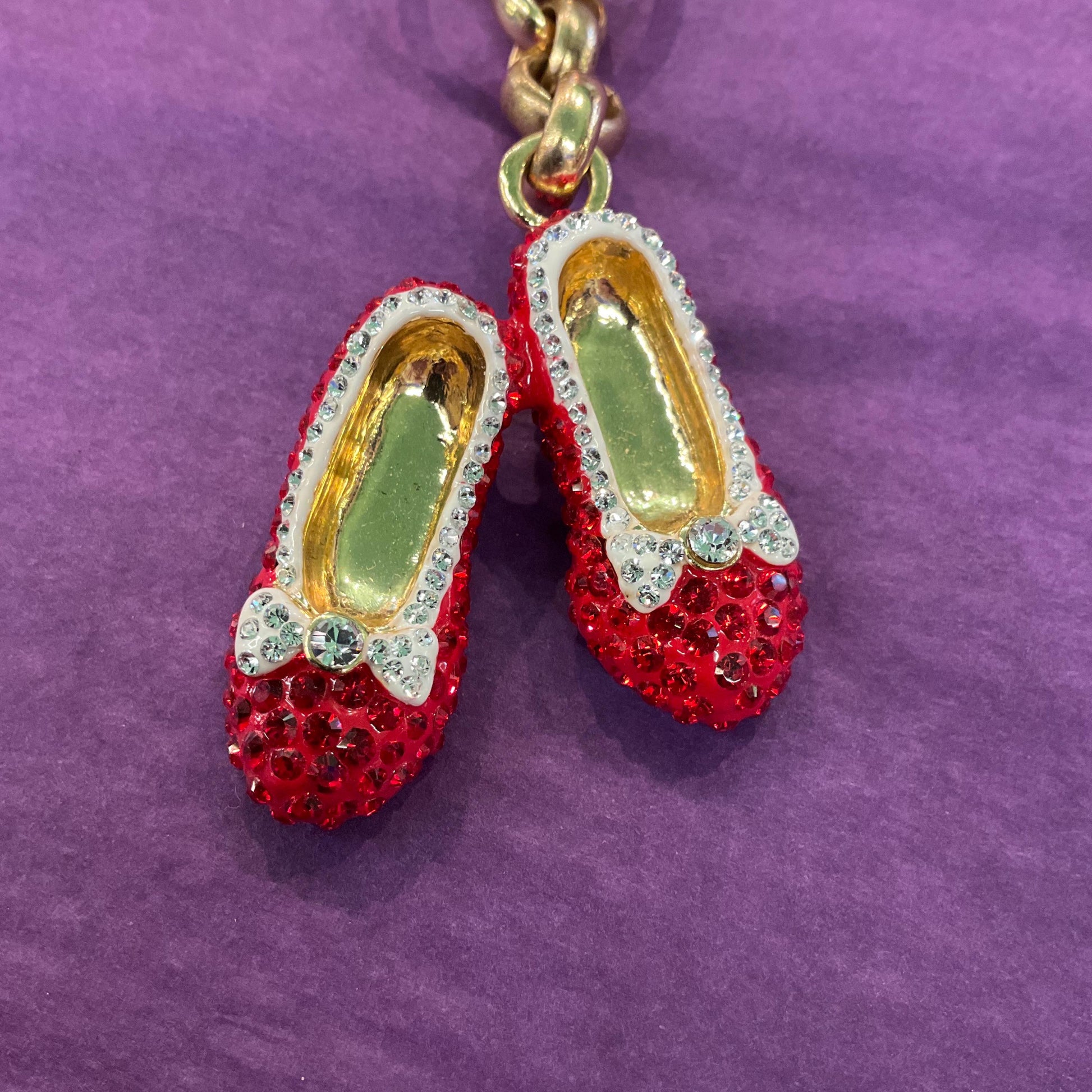 Vintage Butler and Wilson Crystal Dorothy’s Ruby Slippers Hand Bag charm and Keyring, gold tone with red and silver rhinestones