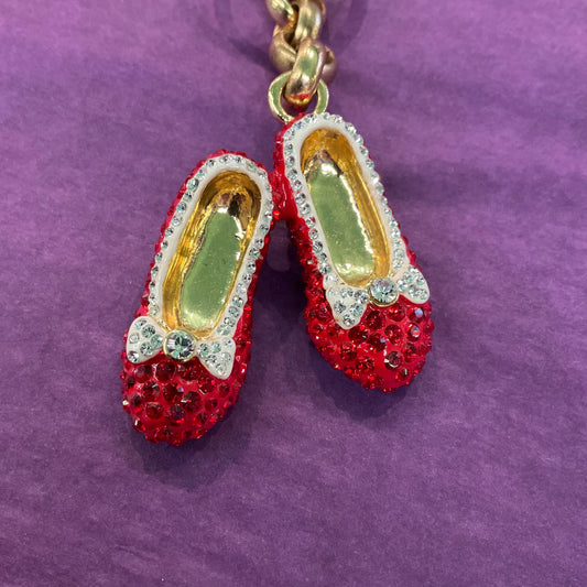 Vintage Butler and Wilson Crystal Dorothy’s Ruby Slippers Hand Bag charm and Keyring, gold tone with red and silver rhinestones