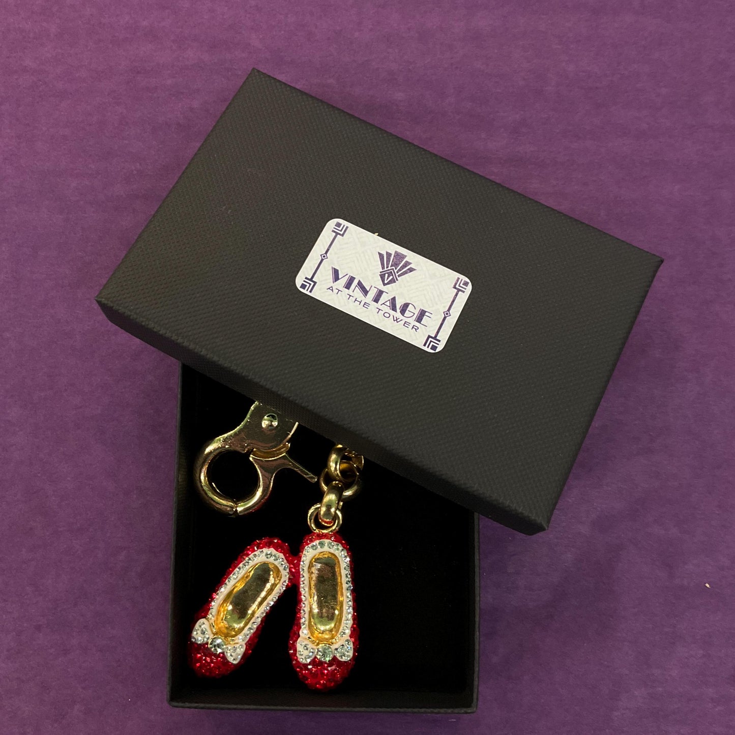 Vintage Butler and Wilson Crystal Dorothy’s Ruby Slippers Hand Bag charm and Keyring, gold tone with red and silver rhinestones