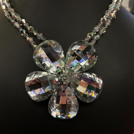 Vintage Butler and Wilson Silver Crystal Flower Beaded Necklace, chequerboard cut petals onto a beaded chain