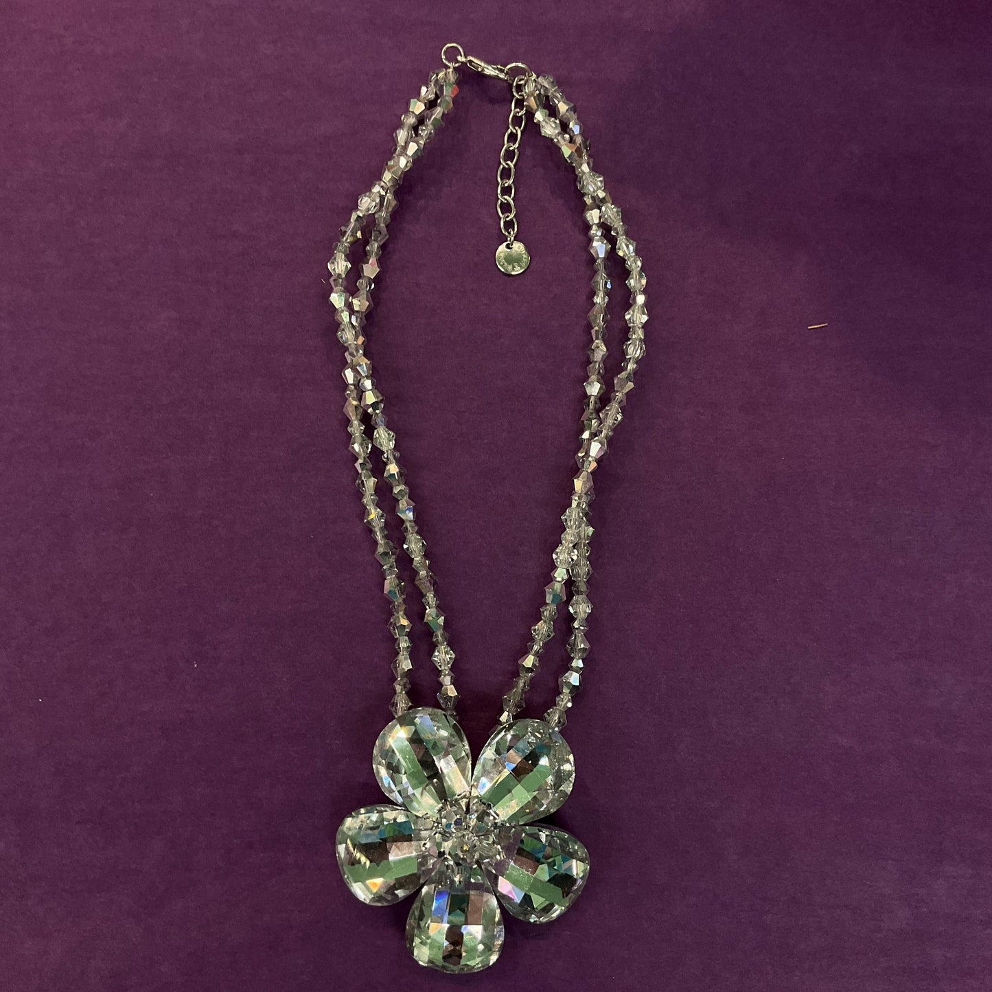Vintage Butler and Wilson Silver Crystal Flower Beaded Necklace, chequerboard cut petals onto a beaded chain