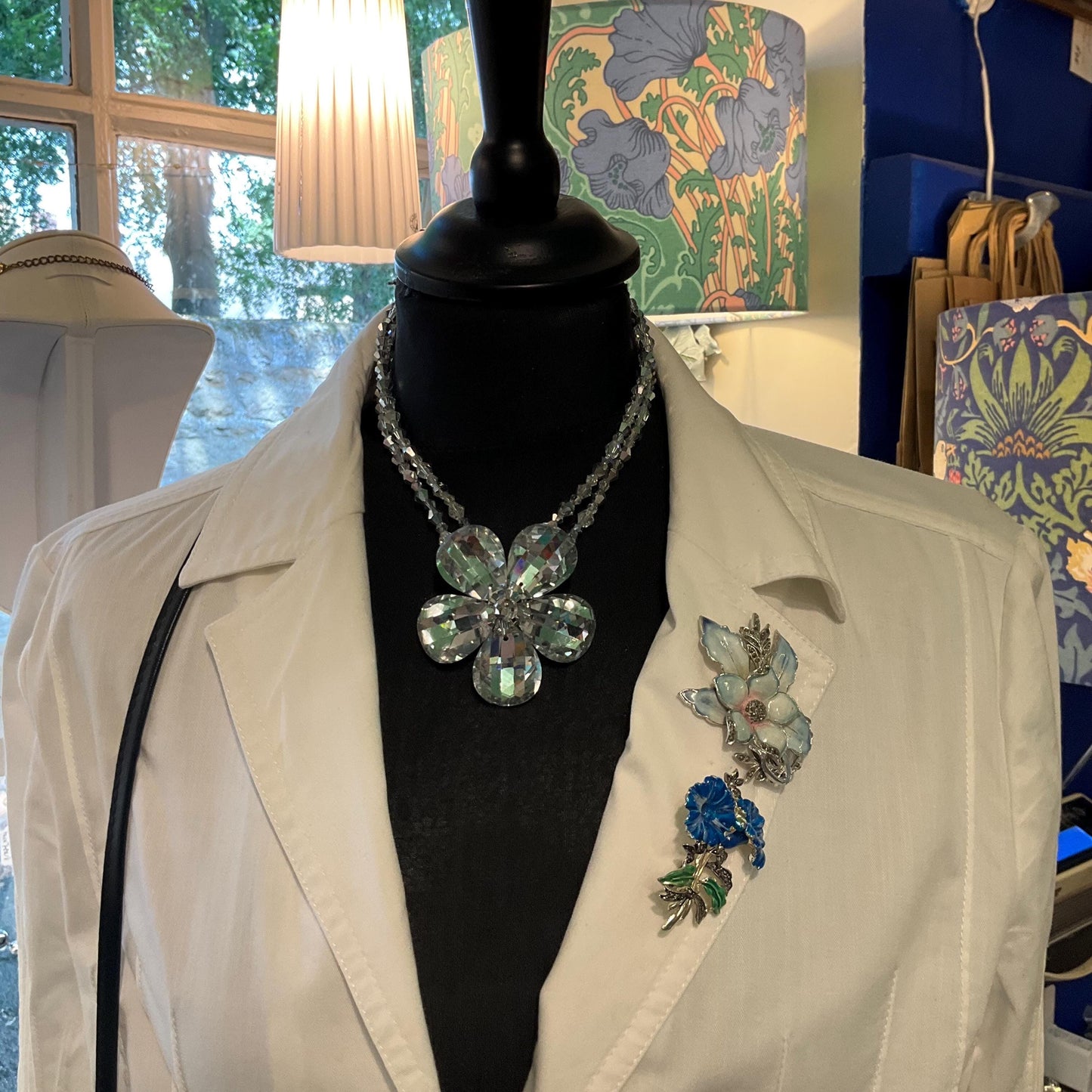 Vintage Butler and Wilson Silver Crystal Flower Beaded Necklace, chequerboard cut petals onto a beaded chain