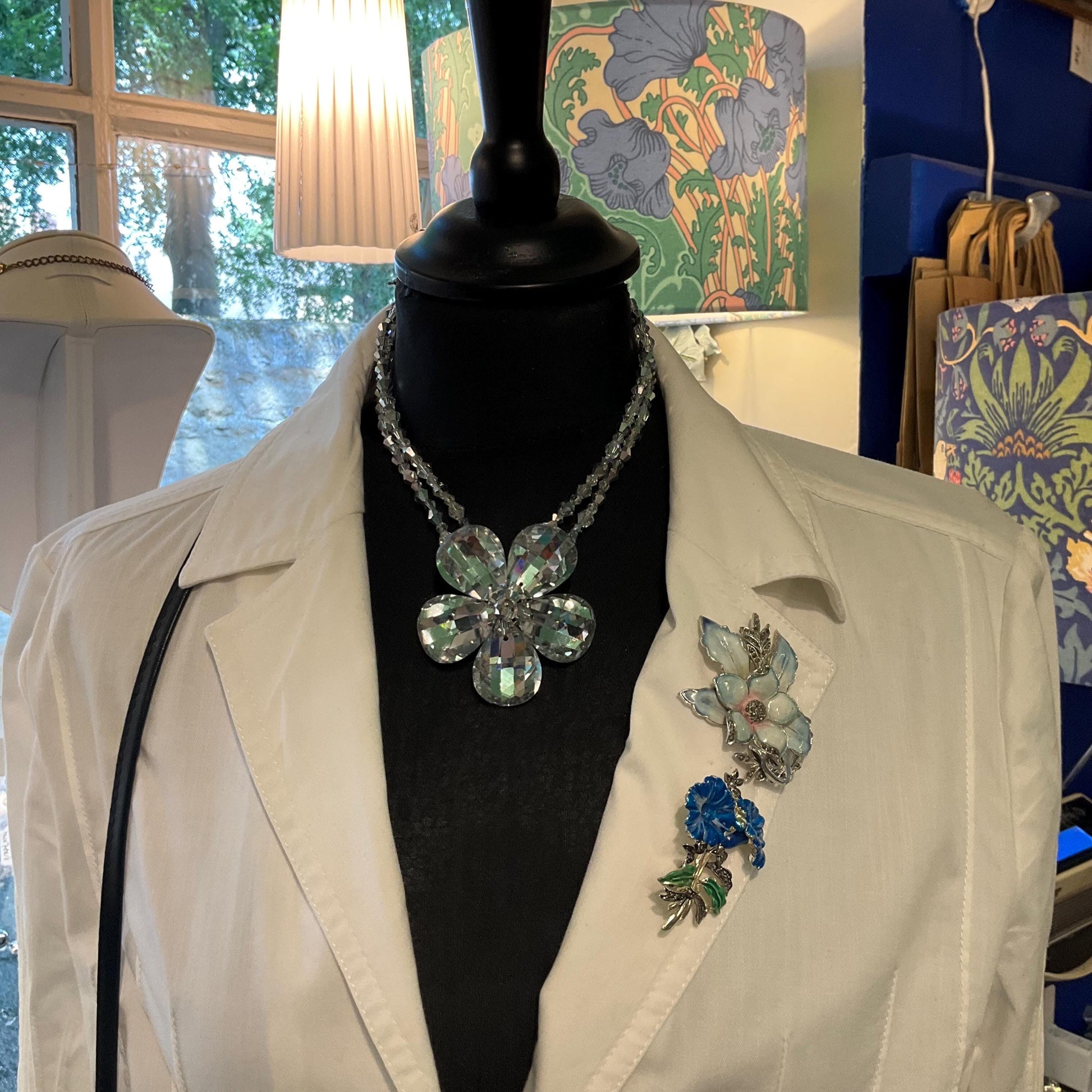 Vintage Butler and Wilson Silver Crystal Flower Beaded Necklace, chequerboard cut petals onto a beaded chain