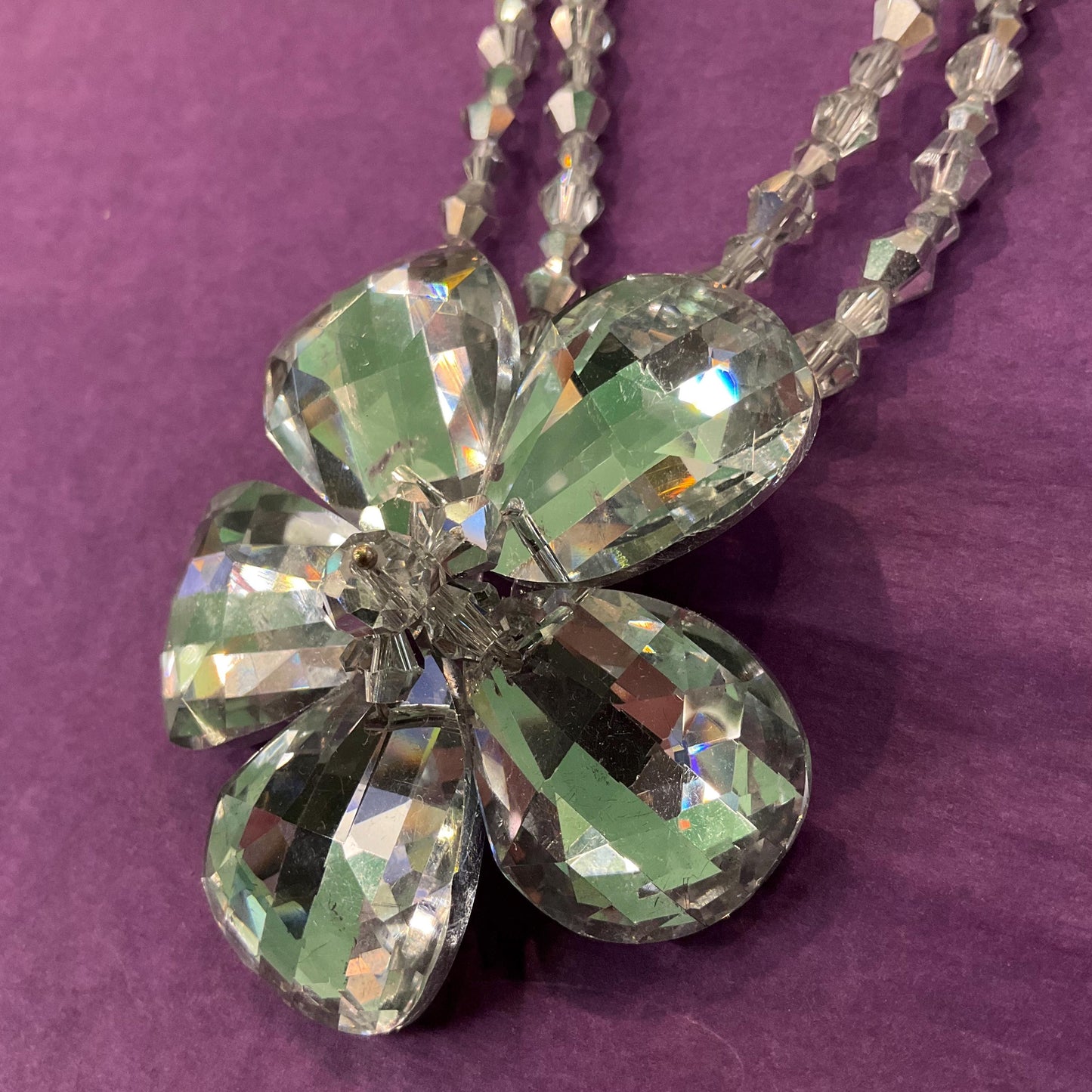 Vintage Butler and Wilson Silver Crystal Flower Beaded Necklace, chequerboard cut petals onto a beaded chain