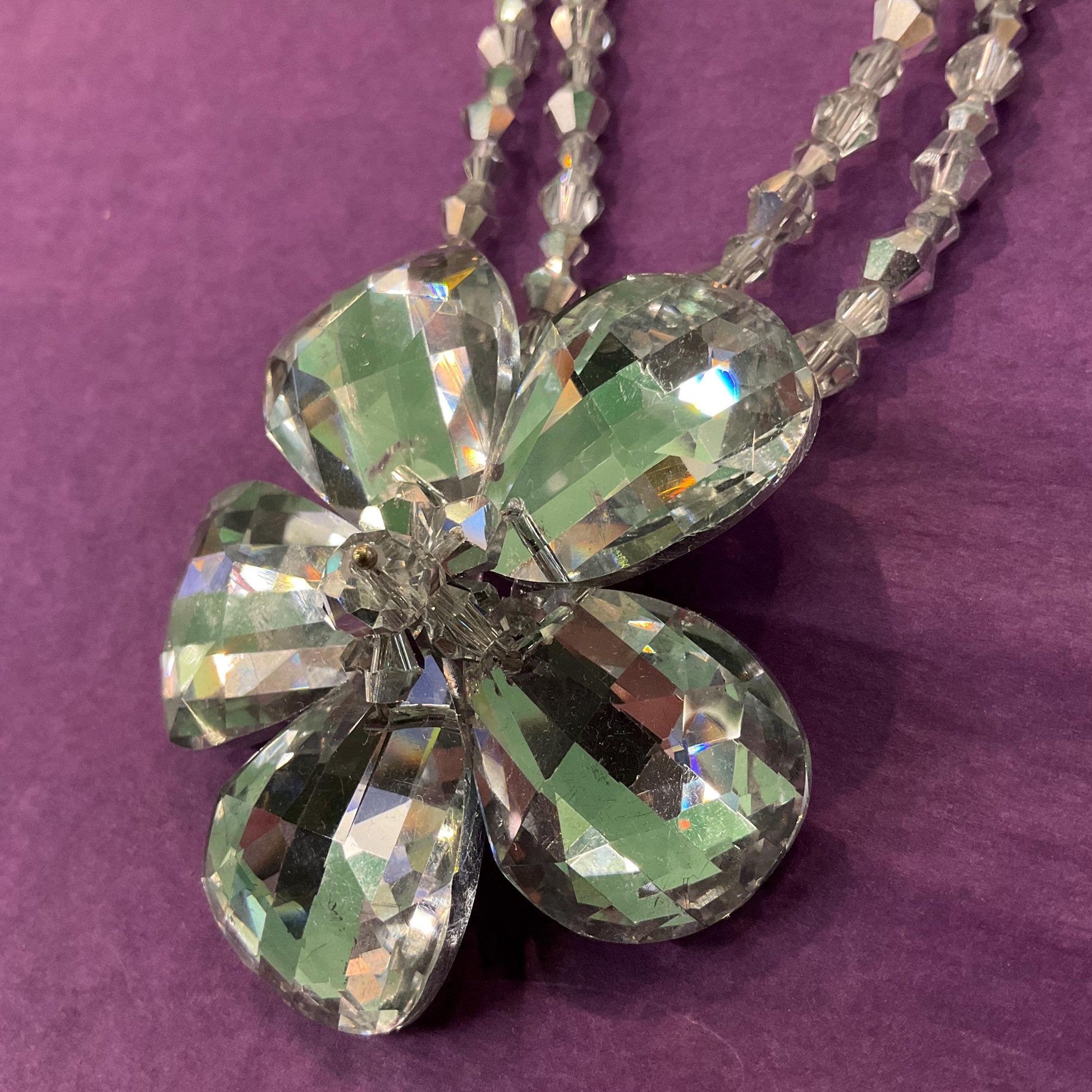 Vintage Butler and Wilson Silver Crystal Flower Beaded Necklace, chequerboard cut petals onto a beaded chain