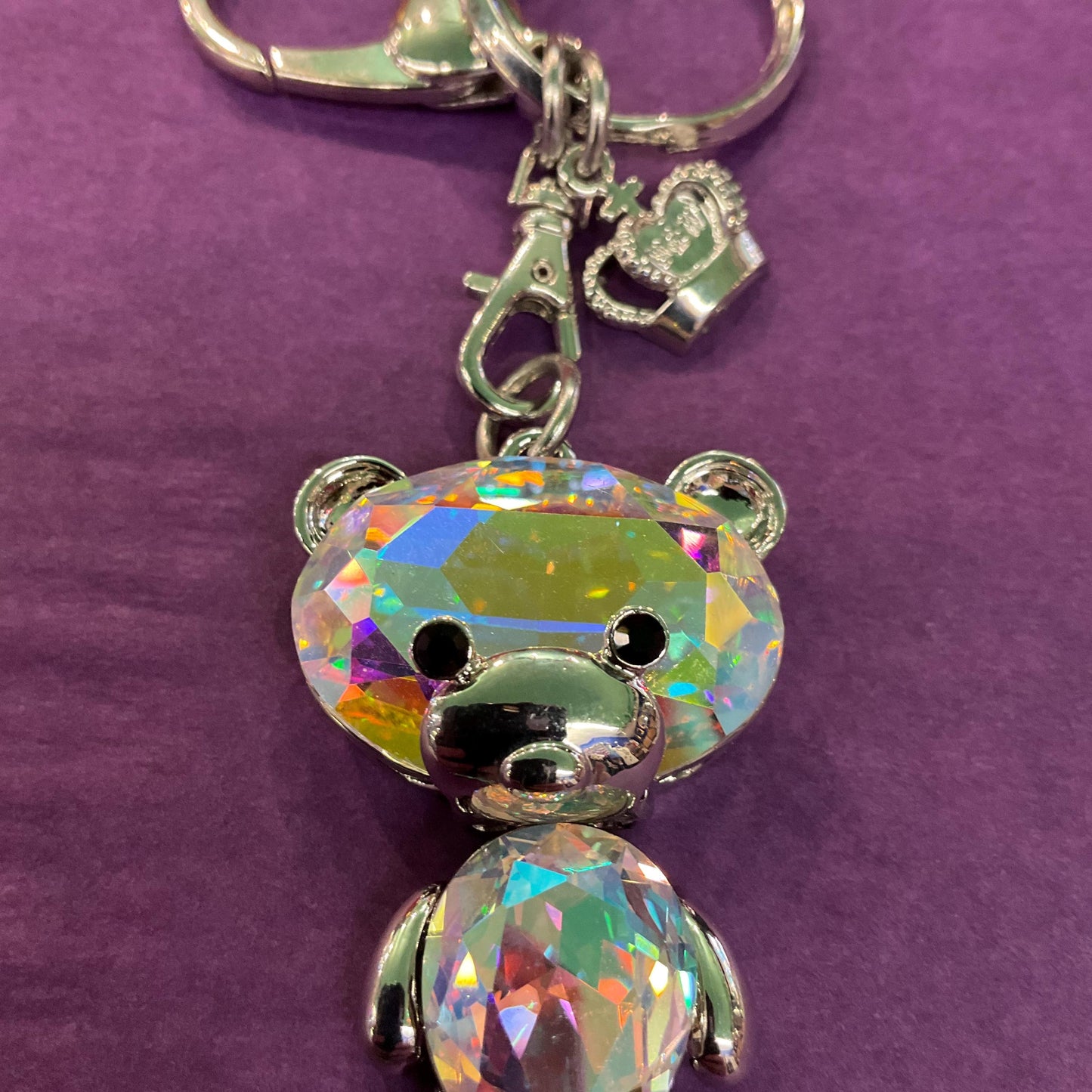 Vintage Butler and Wilson Crystal Teddy Bear Handbag Charm and Keyring, Silver tone with Aurora Borealis Large crystals