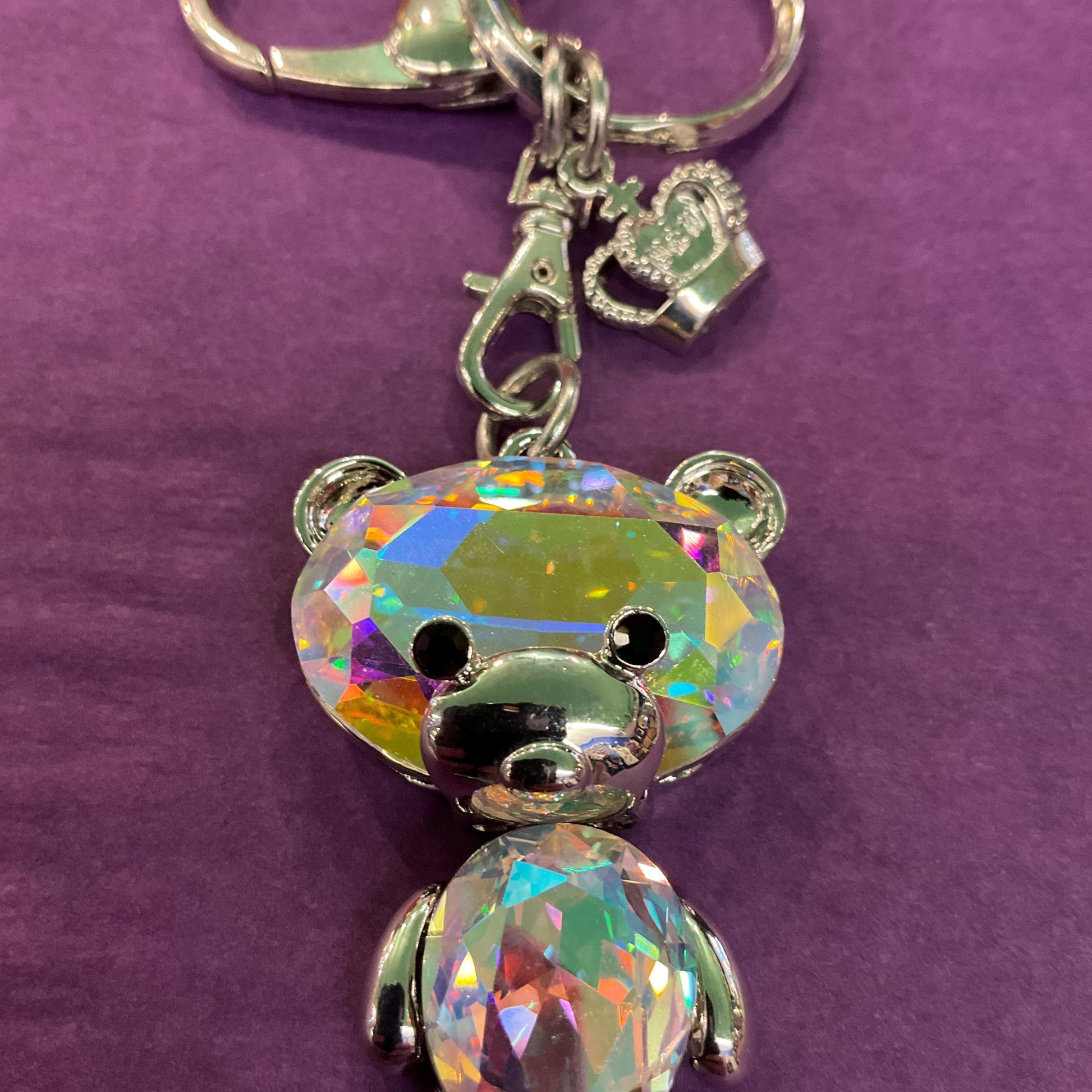 Vintage Butler and Wilson Crystal Teddy Bear Handbag Charm and Keyring, Silver tone with Aurora Borealis Large crystals