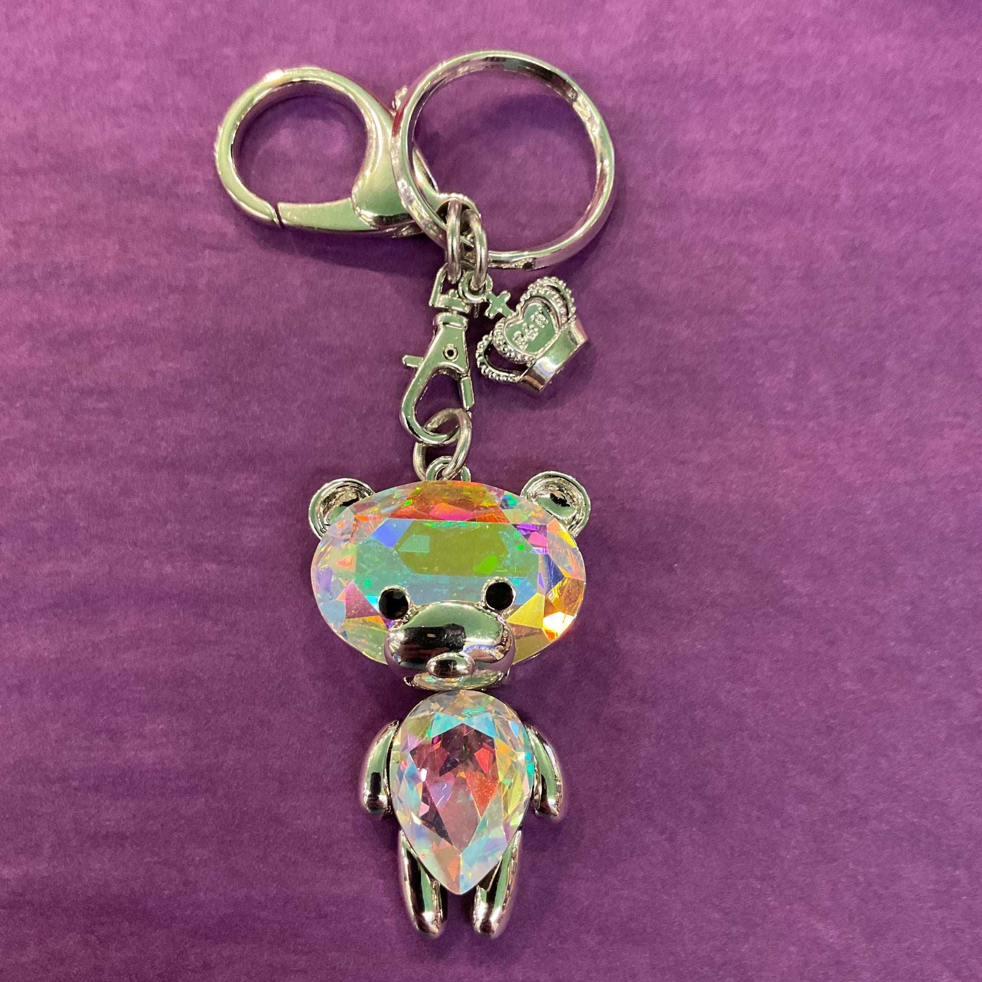 Vintage Butler and Wilson Crystal Teddy Bear Handbag Charm and Keyring, Silver tone with Aurora Borealis Large crystals