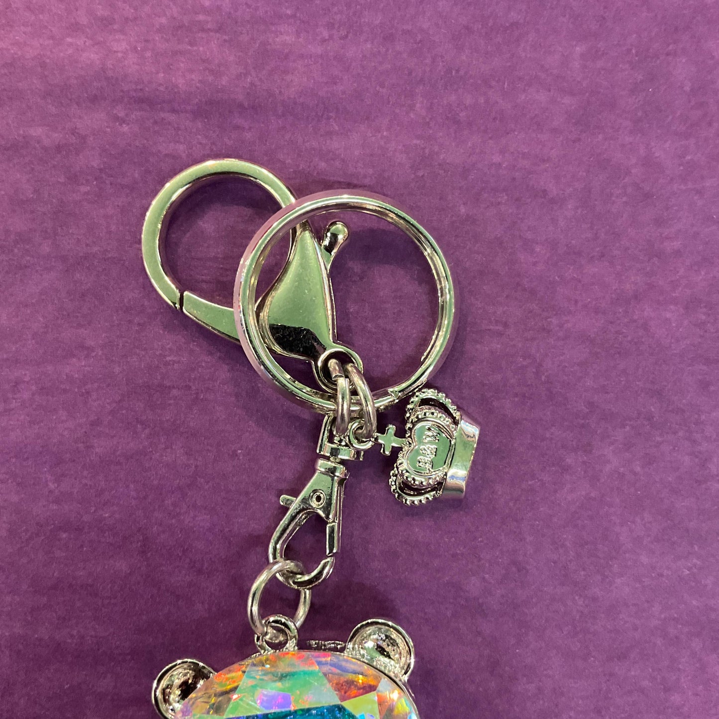 Vintage Butler and Wilson Crystal Teddy Bear Handbag Charm and Keyring, Silver tone with Aurora Borealis Large crystals