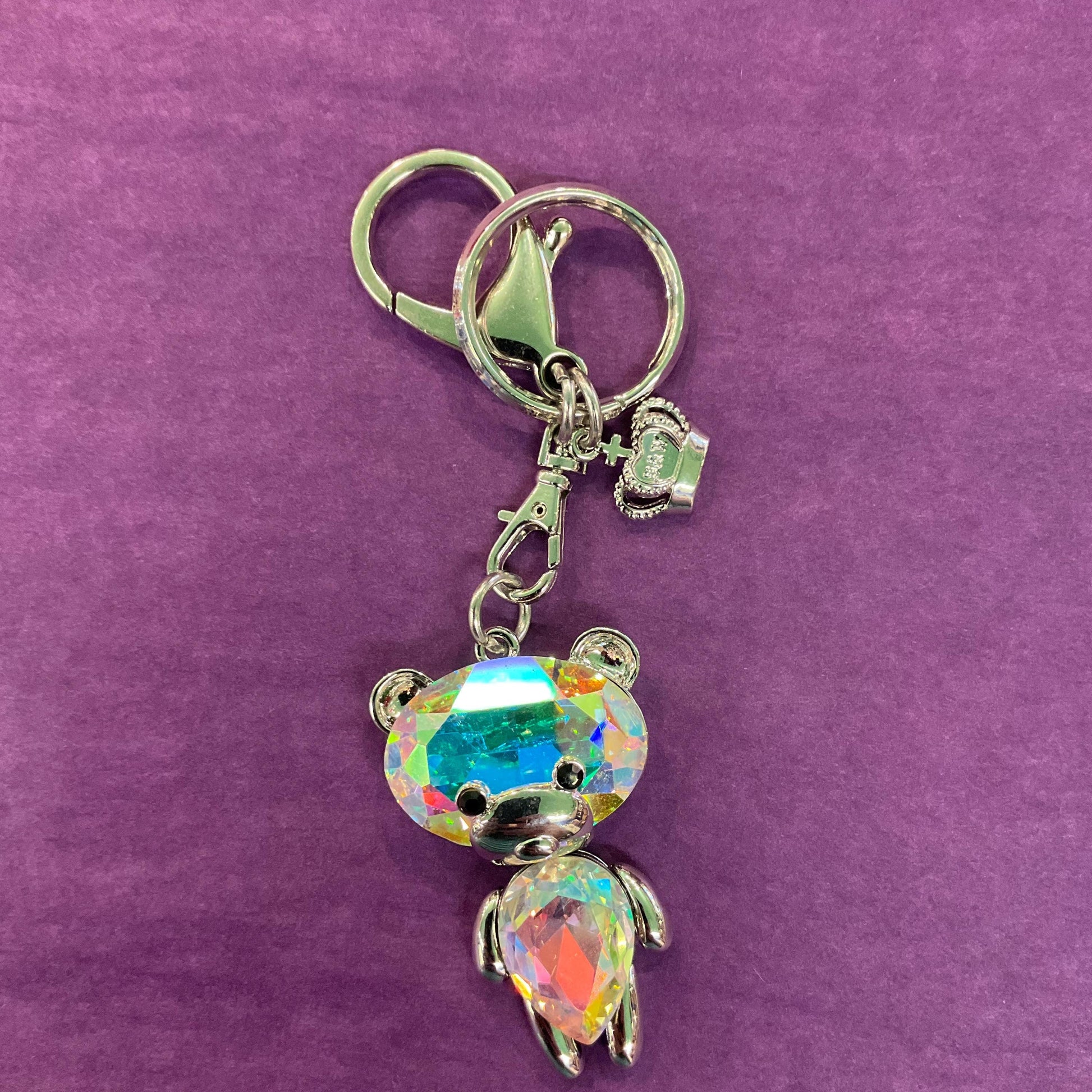 Vintage Butler and Wilson Crystal Teddy Bear Handbag Charm and Keyring, Silver tone with Aurora Borealis Large crystals