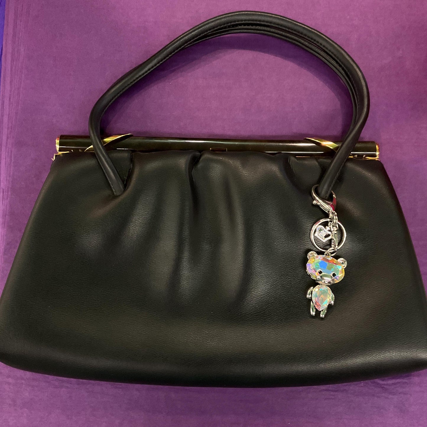 Vintage Butler and Wilson Crystal Teddy Bear Handbag Charm and Keyring, Silver tone with Aurora Borealis Large crystals
