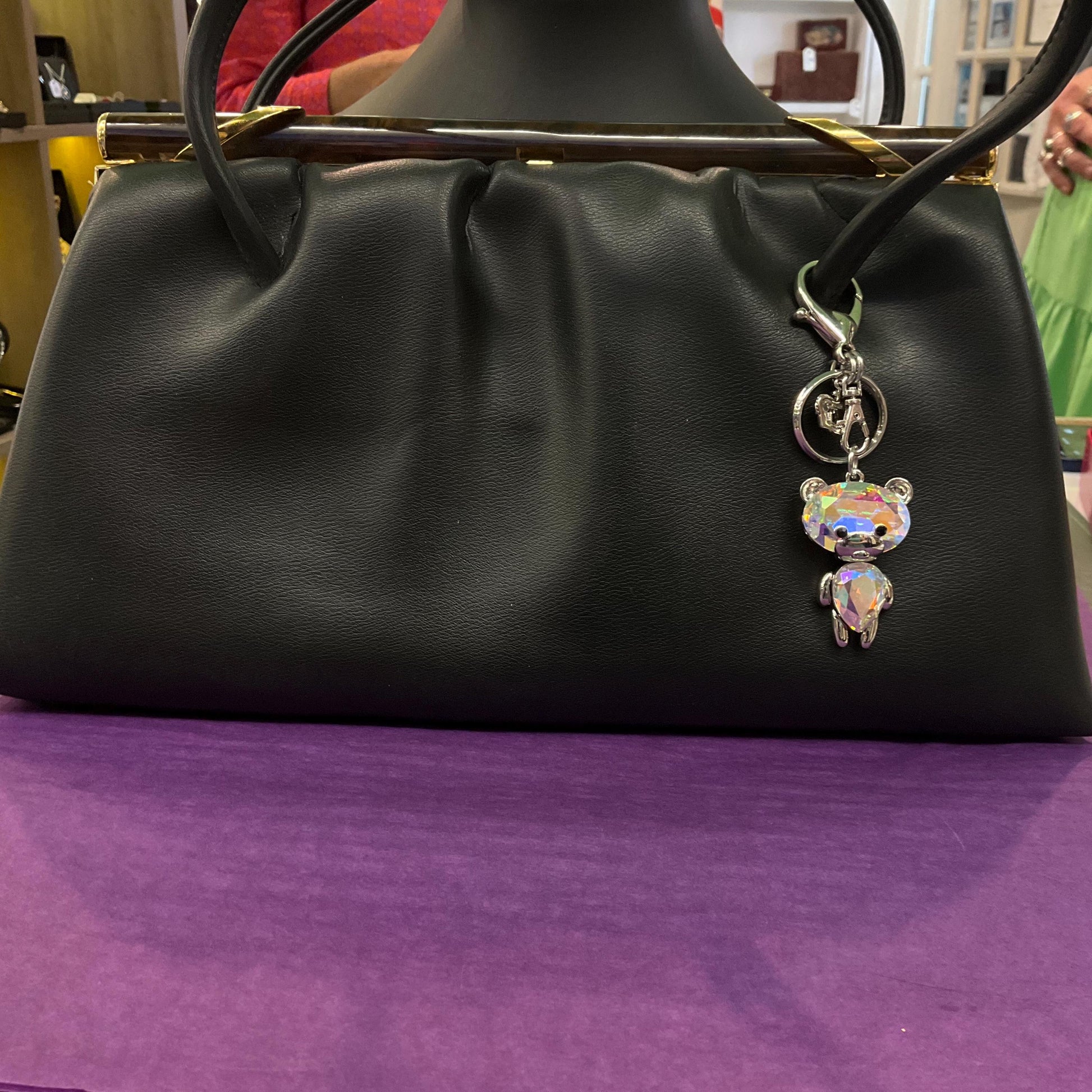 Vintage Butler and Wilson Crystal Teddy Bear Handbag Charm and Keyring, Silver tone with Aurora Borealis Large crystals