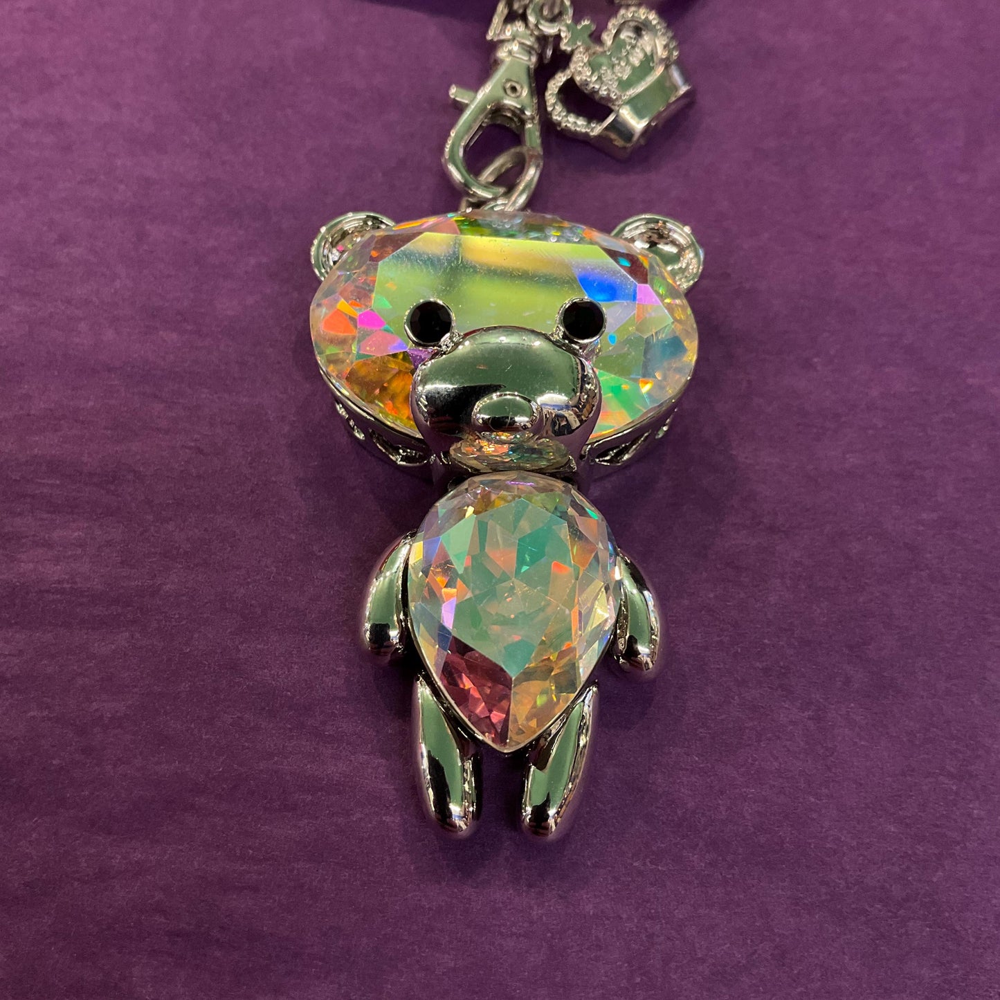 Vintage Butler and Wilson Crystal Teddy Bear Handbag Charm and Keyring, Silver tone with Aurora Borealis Large crystals