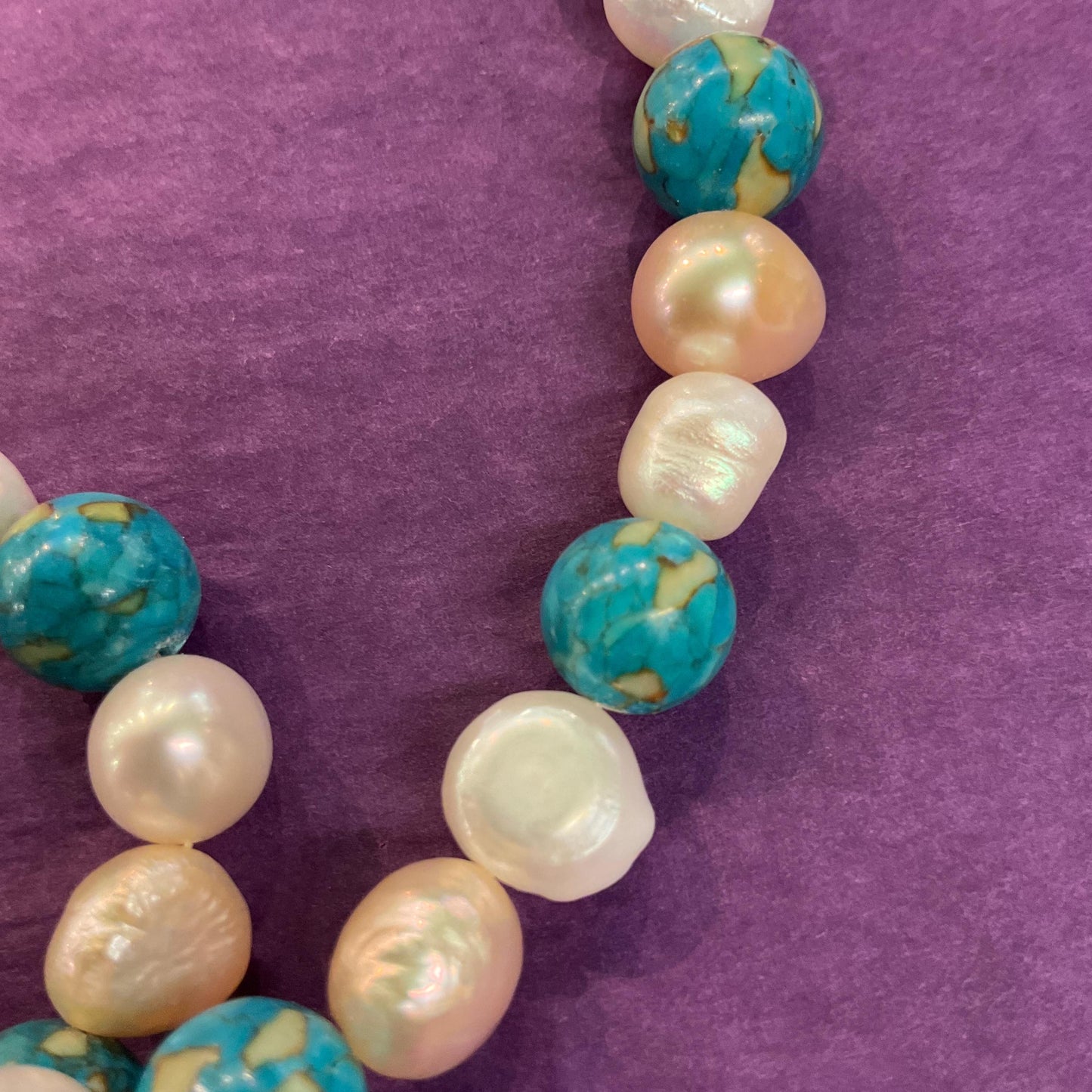Vintage Ivory Freah Water Pearl and Turquoise Opera Length Beaded Necklace, unworn with original tags