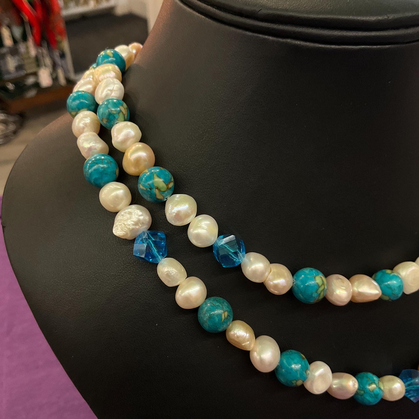 Vintage Ivory Freah Water Pearl and Turquoise Opera Length Beaded Necklace, unworn with original tags