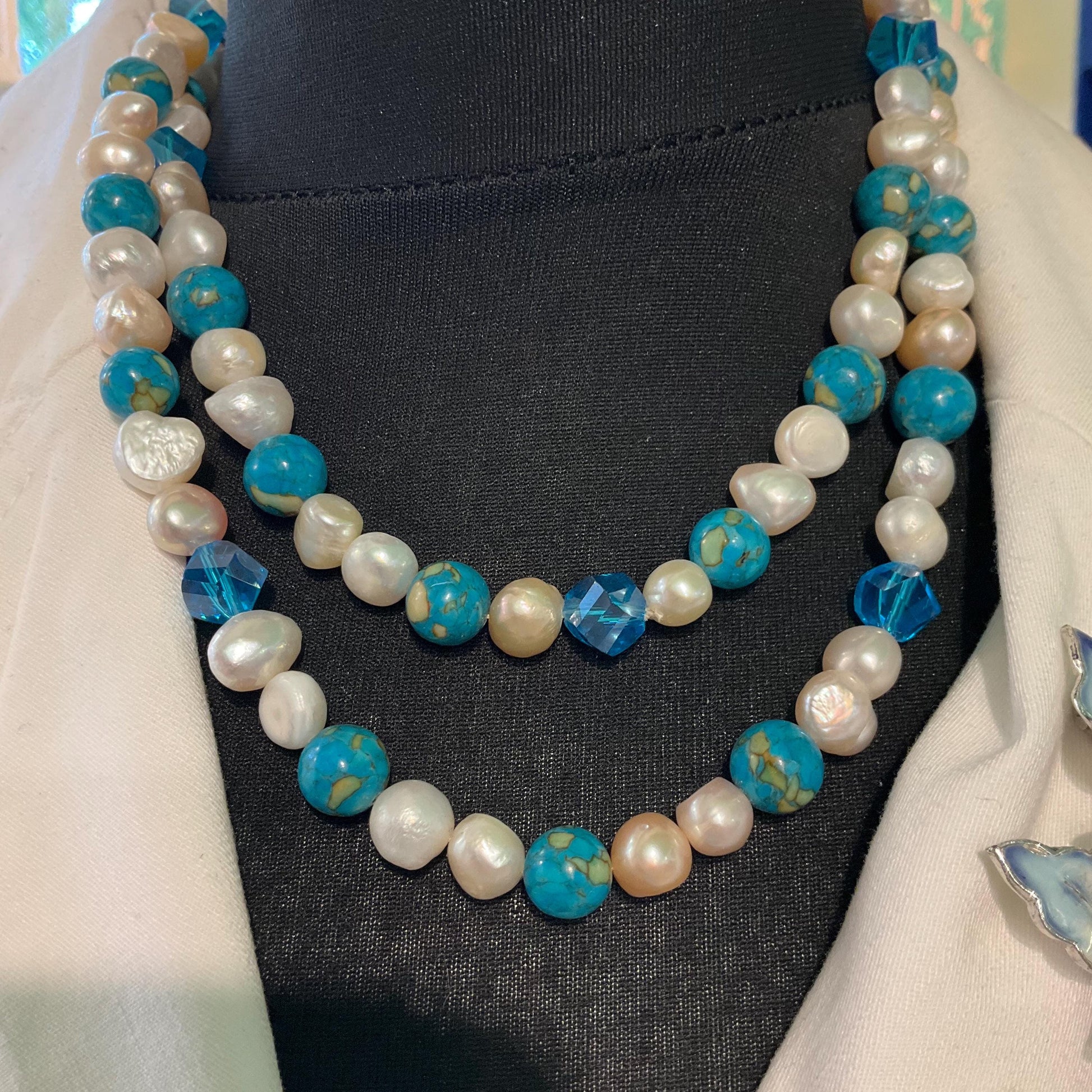 Vintage Ivory Freah Water Pearl and Turquoise Opera Length Beaded Necklace, unworn with original tags