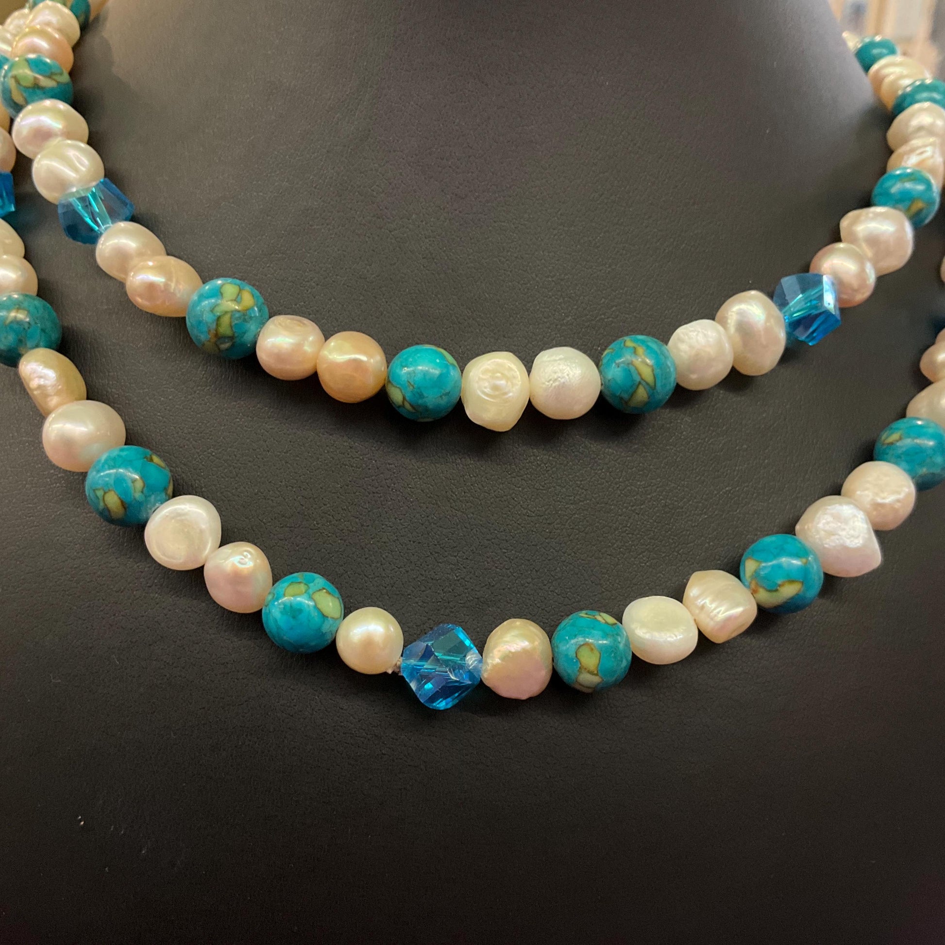 Vintage Ivory Freah Water Pearl and Turquoise Opera Length Beaded Necklace, unworn with original tags