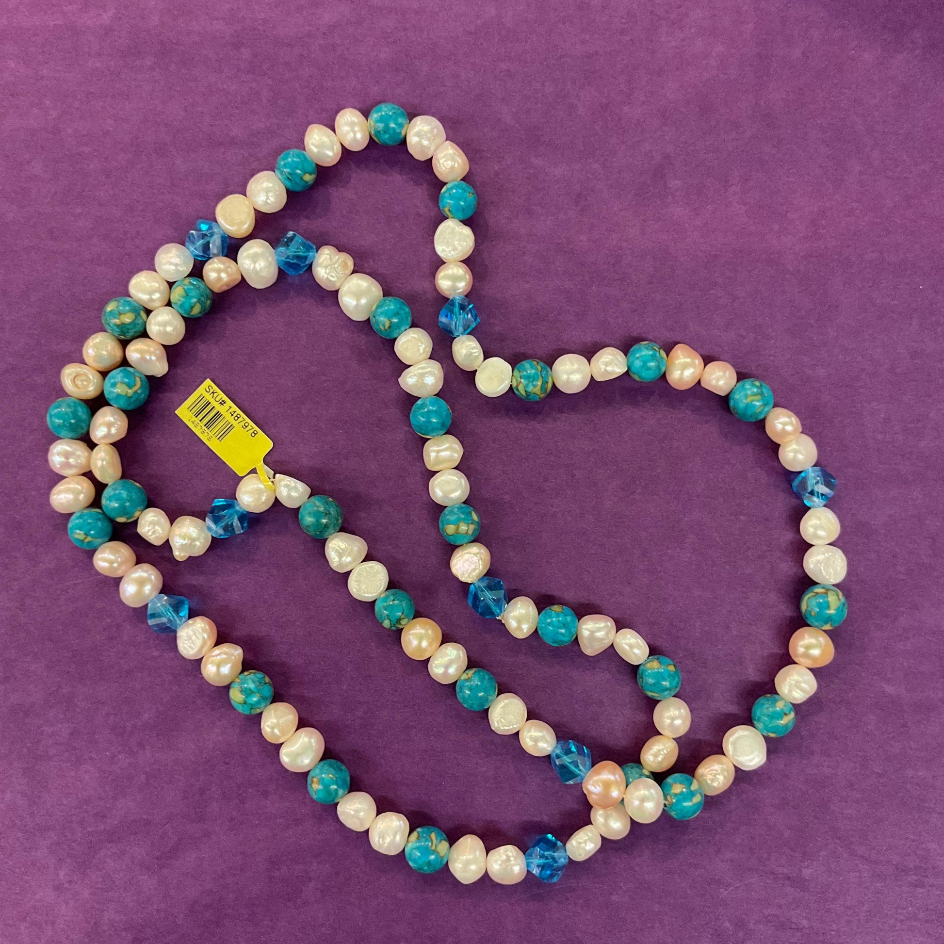 Vintage Ivory Freah Water Pearl and Turquoise Opera Length Beaded Necklace, unworn with original tags