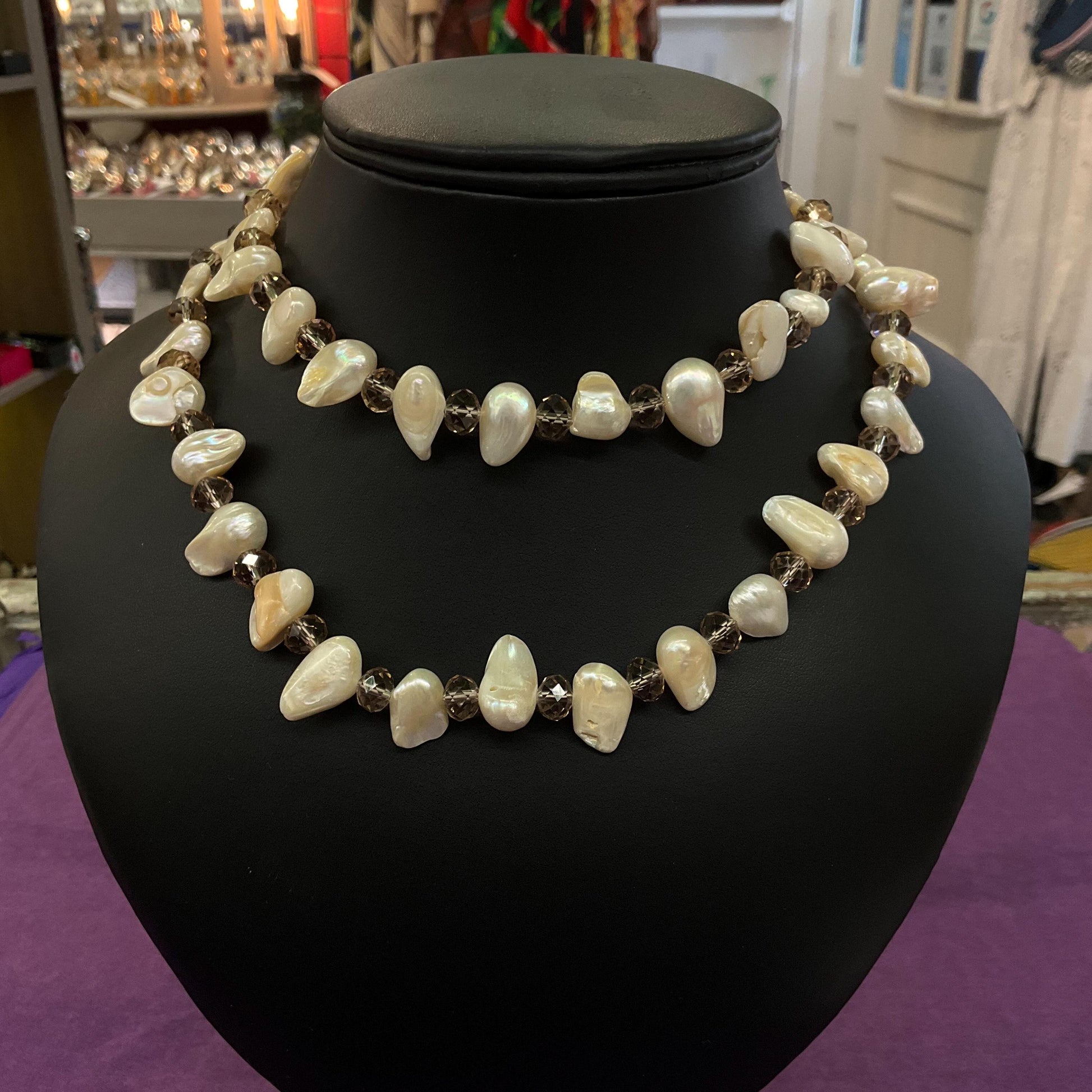 Vintage Baroque Pearl and Pale Gold Crystal Opera Length Beaded Necklace, unworn with original tags