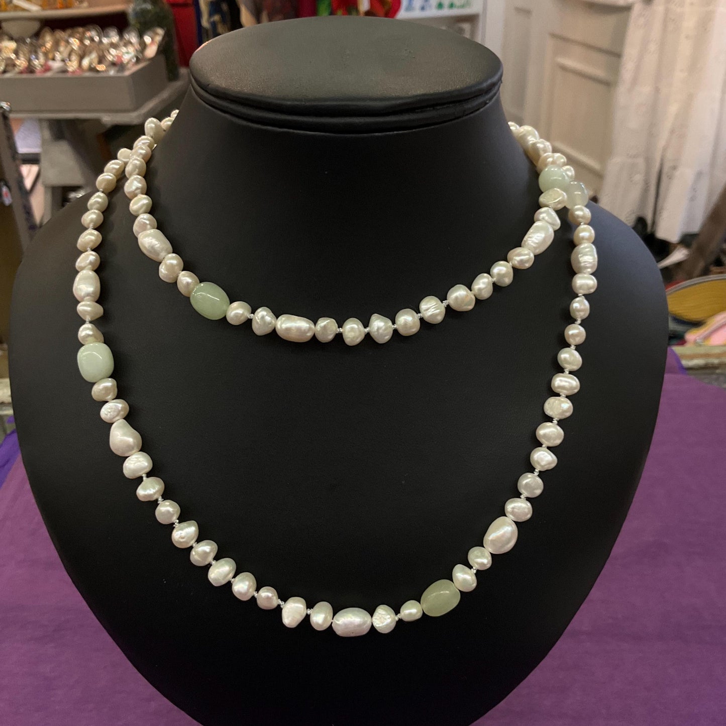 Vintage Ivory Fresh Water Pearl and Jade Beaded Opera Length Necklace, Palest Green Jade, Hand Knotted