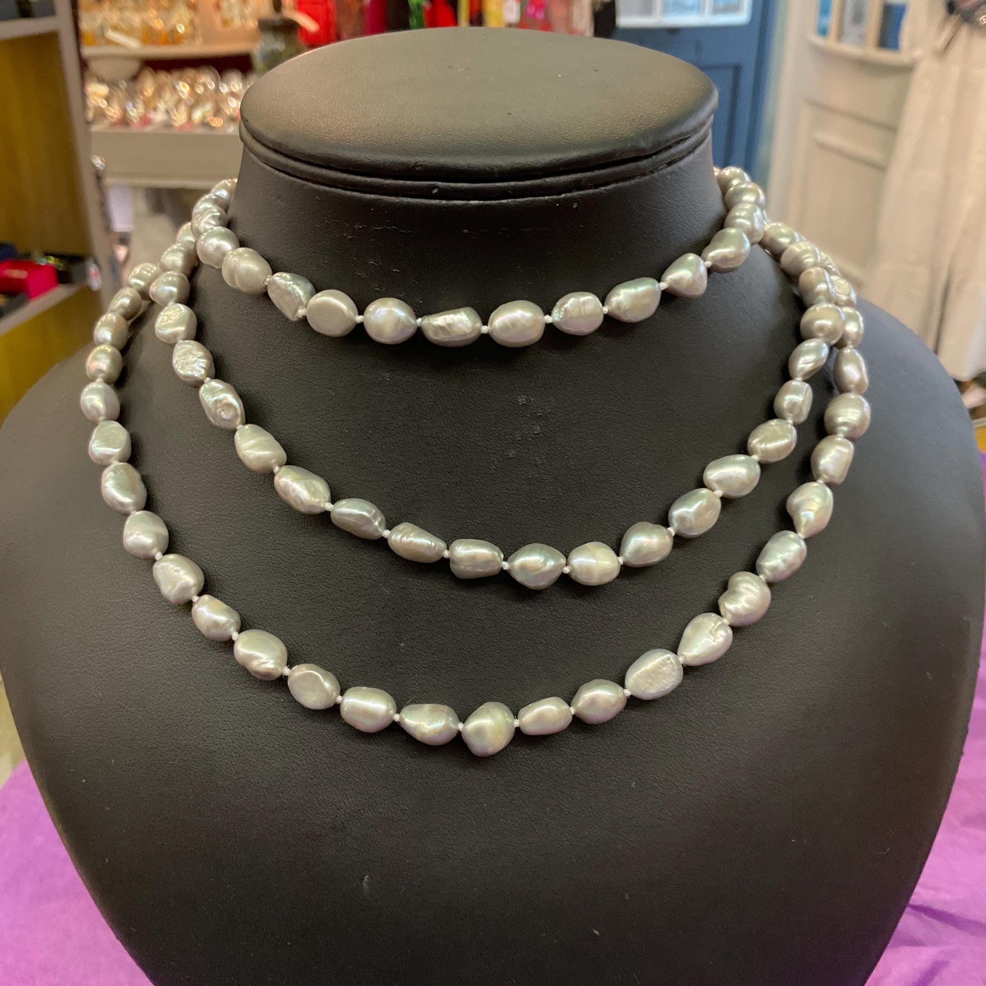 Vintage Silver Fresh Water Pearl Opera Length Beaded Necklace , Hand knotted cord
