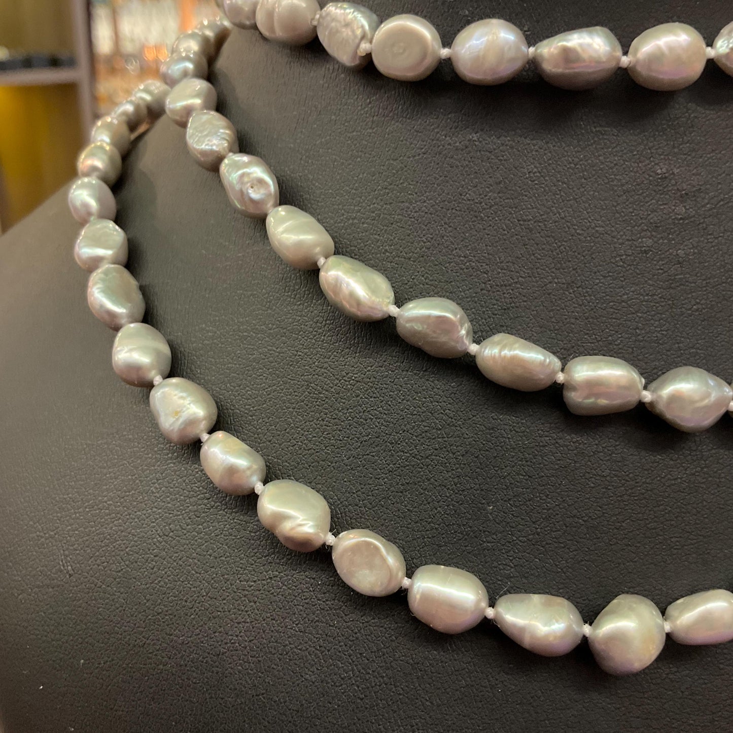 Vintage Silver Fresh Water Pearl Opera Length Beaded Necklace , Hand knotted cord