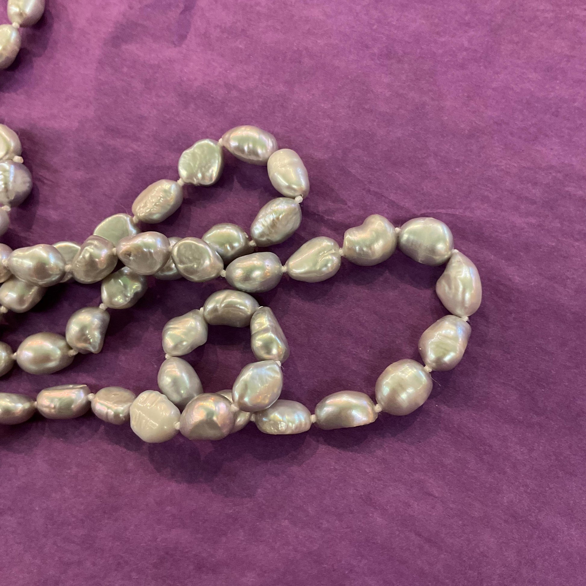 Vintage Silver Fresh Water Pearl Opera Length Beaded Necklace , Hand knotted cord