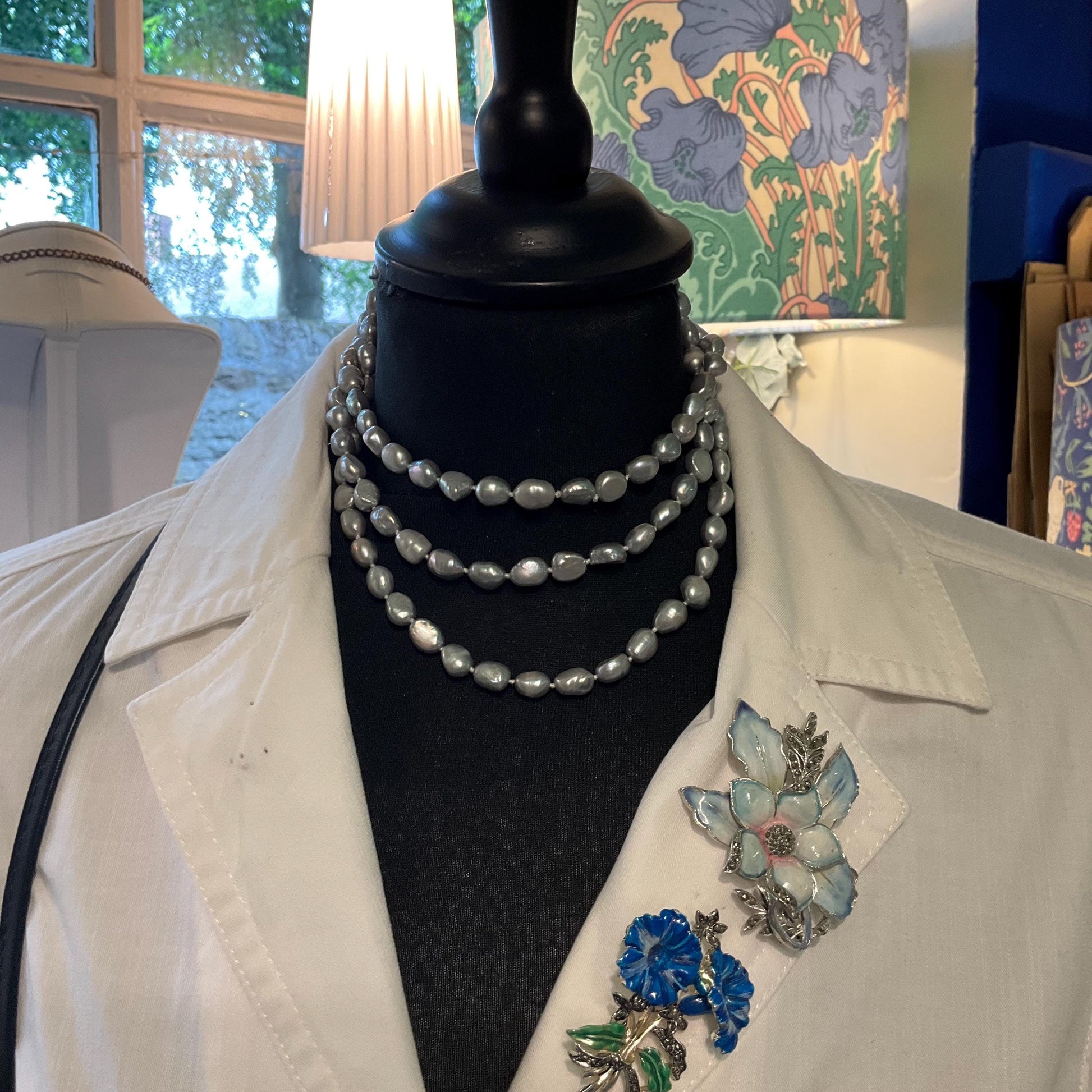 Vintage Silver Fresh Water Pearl Opera Length Beaded Necklace , Hand knotted cord