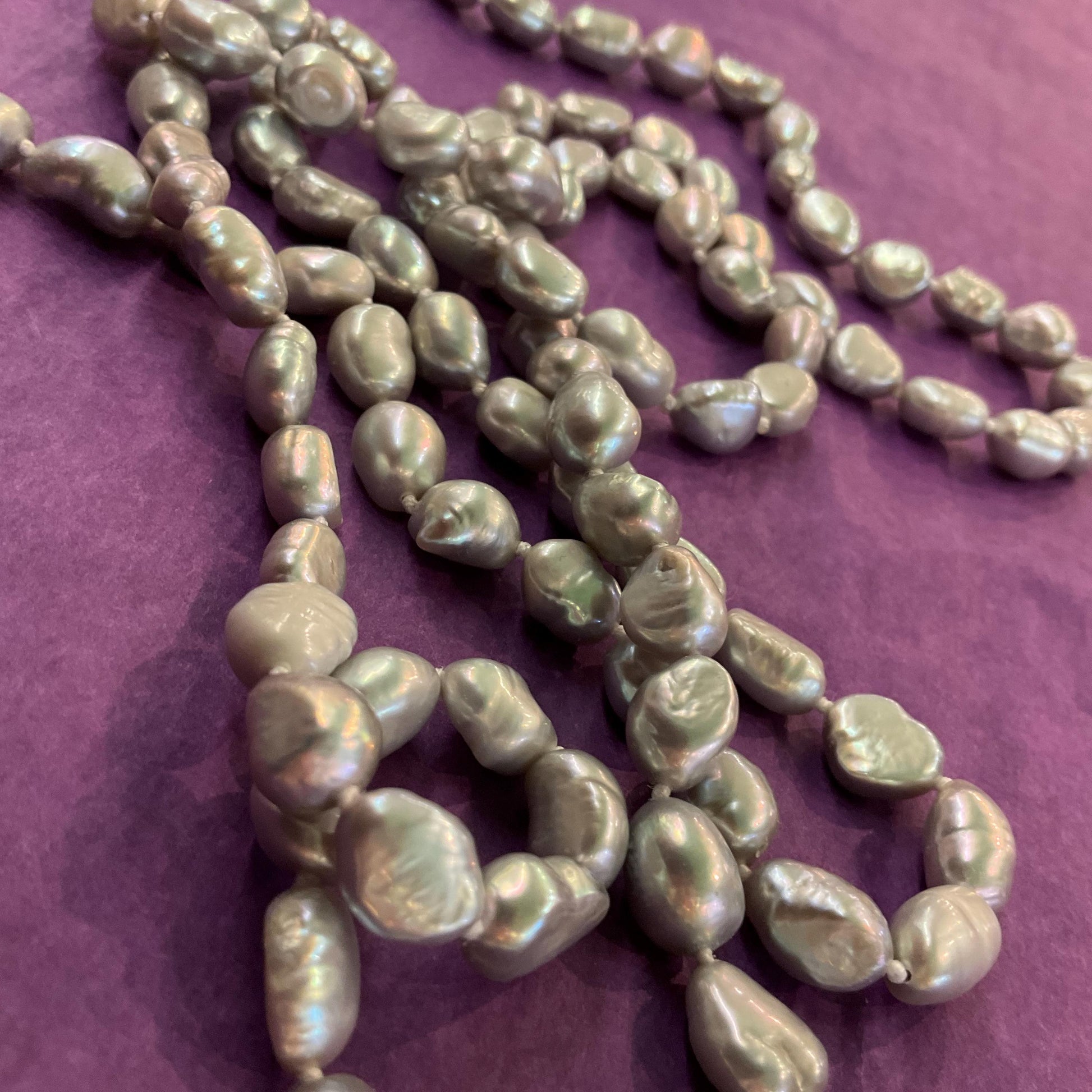Vintage Silver Fresh Water Pearl Opera Length Beaded Necklace , Hand knotted cord