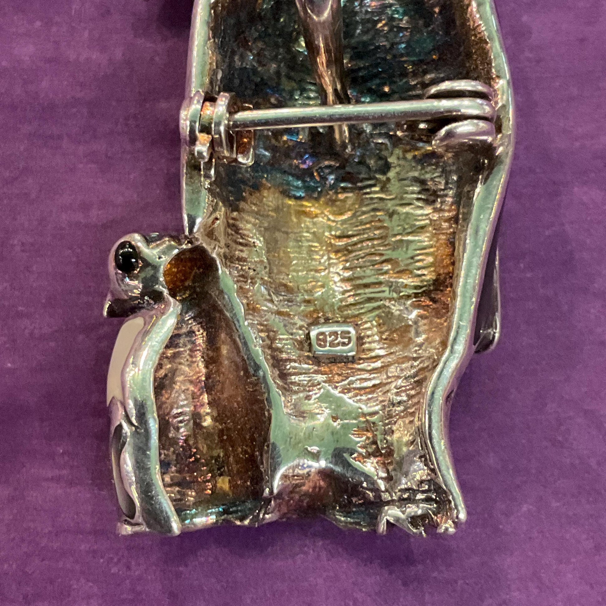 Vintage Silver (925) and Mother of Pearl Hand Made Mother and Baby Penguin Brooch or Pendant, Chain not included