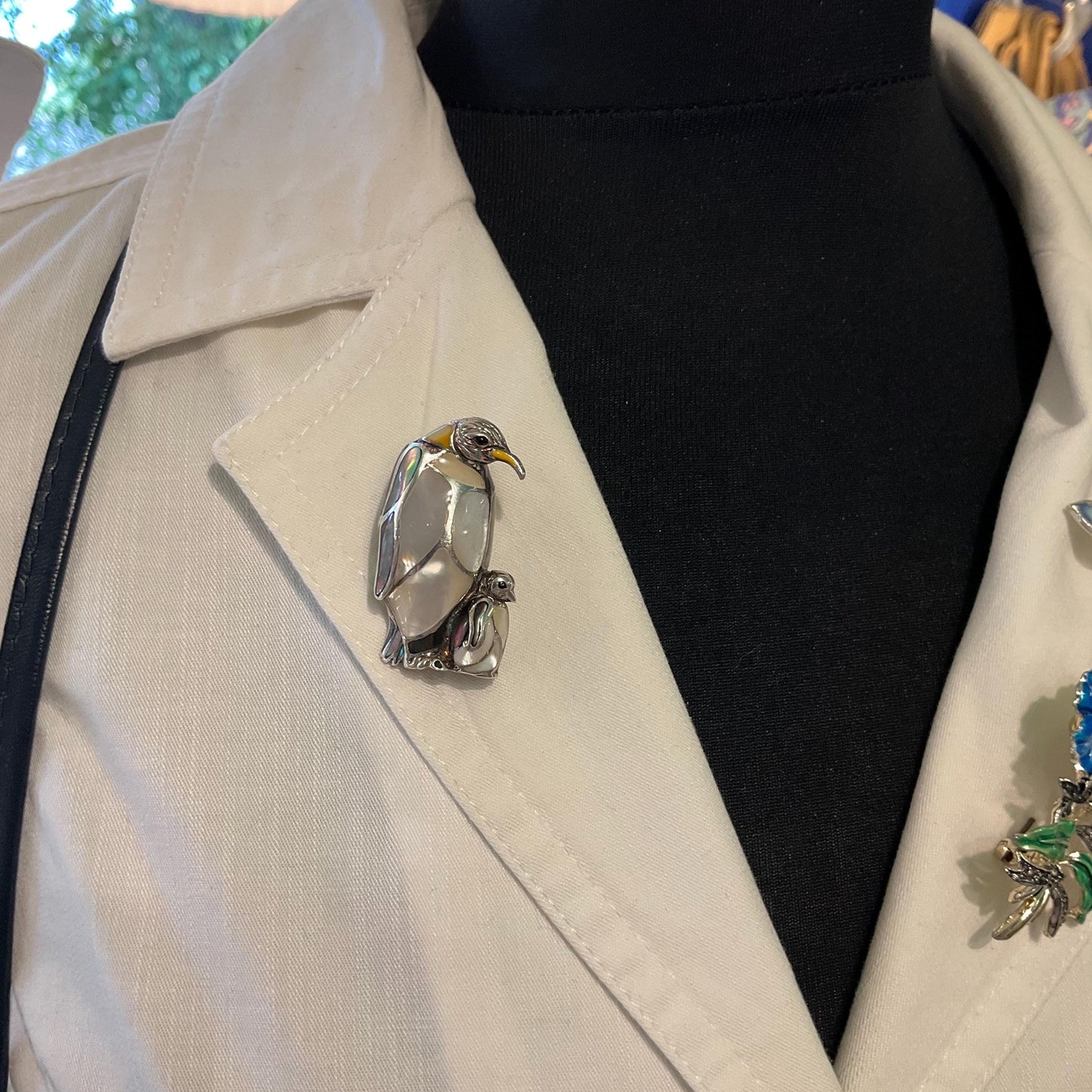 Vintage Silver (925) and Mother of Pearl Hand Made Mother and Baby Penguin Brooch or Pendant, Chain not included
