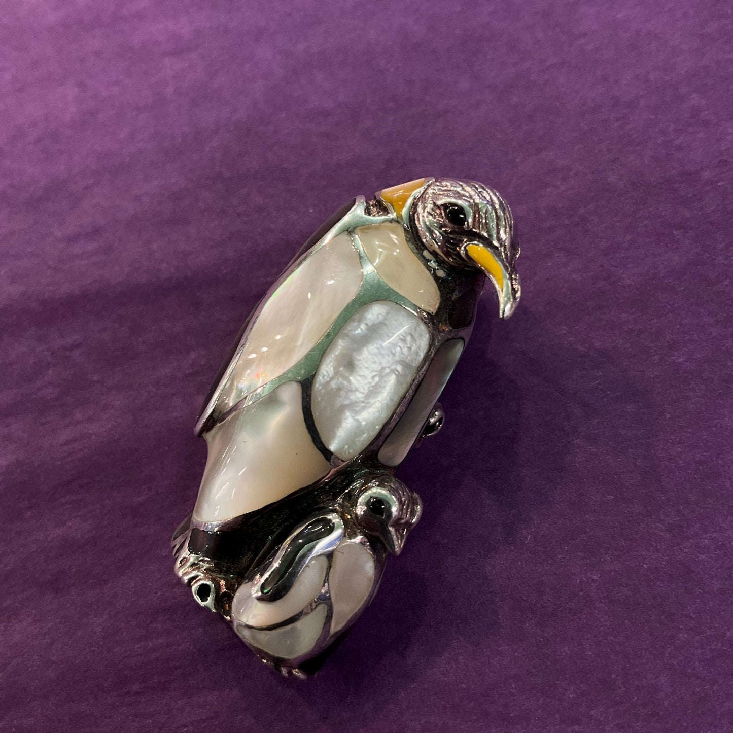 Vintage Silver (925) and Mother of Pearl Hand Made Mother and Baby Penguin Brooch or Pendant, Chain not included