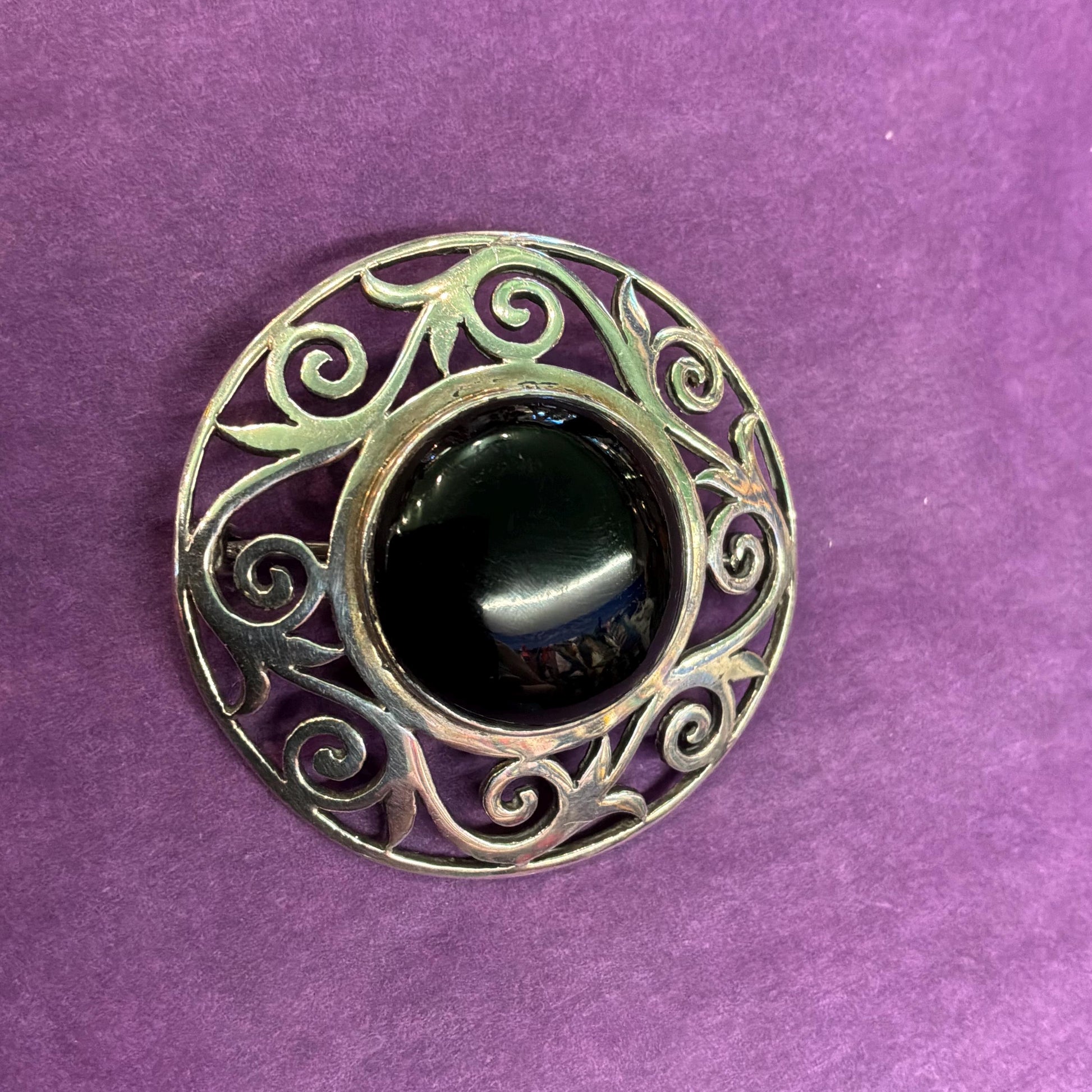 Vintage Silver and Bkack Onyx Celtic Large Brooch, Foliate cut work border