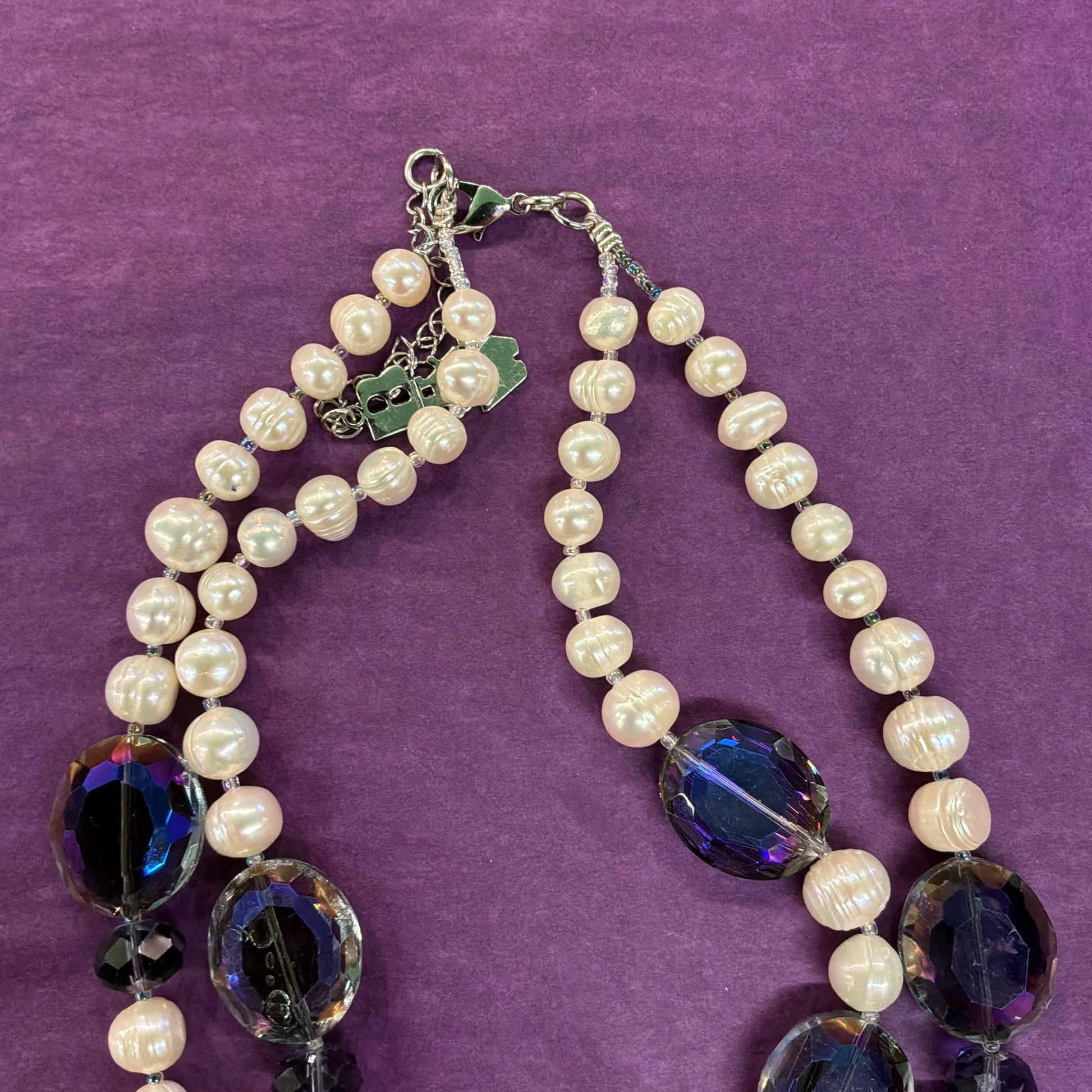 Vintage Butler and Wilson Statement Ivory Fresh Water Pearl and Peacock Aurora Borealis Twin Strand Beaded Necklace