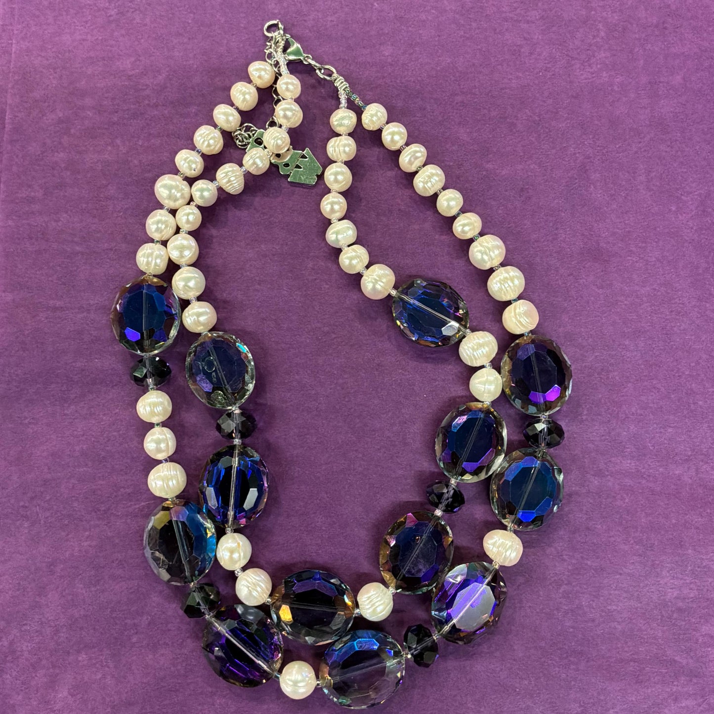 Vintage Butler and Wilson Statement Ivory Fresh Water Pearl and Peacock Aurora Borealis Twin Strand Beaded Necklace