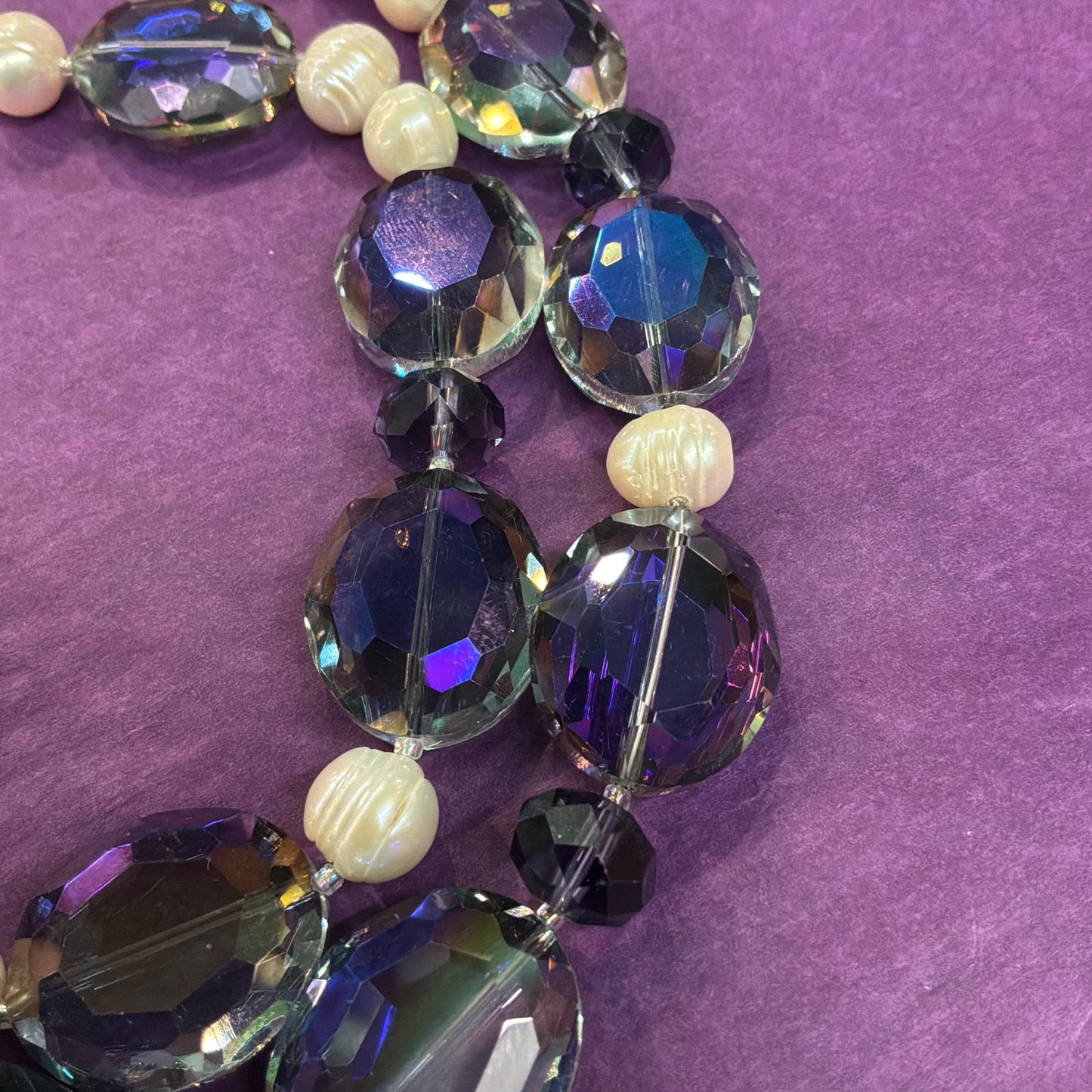 Vintage Butler and Wilson Statement Ivory Fresh Water Pearl and Peacock Aurora Borealis Twin Strand Beaded Necklace
