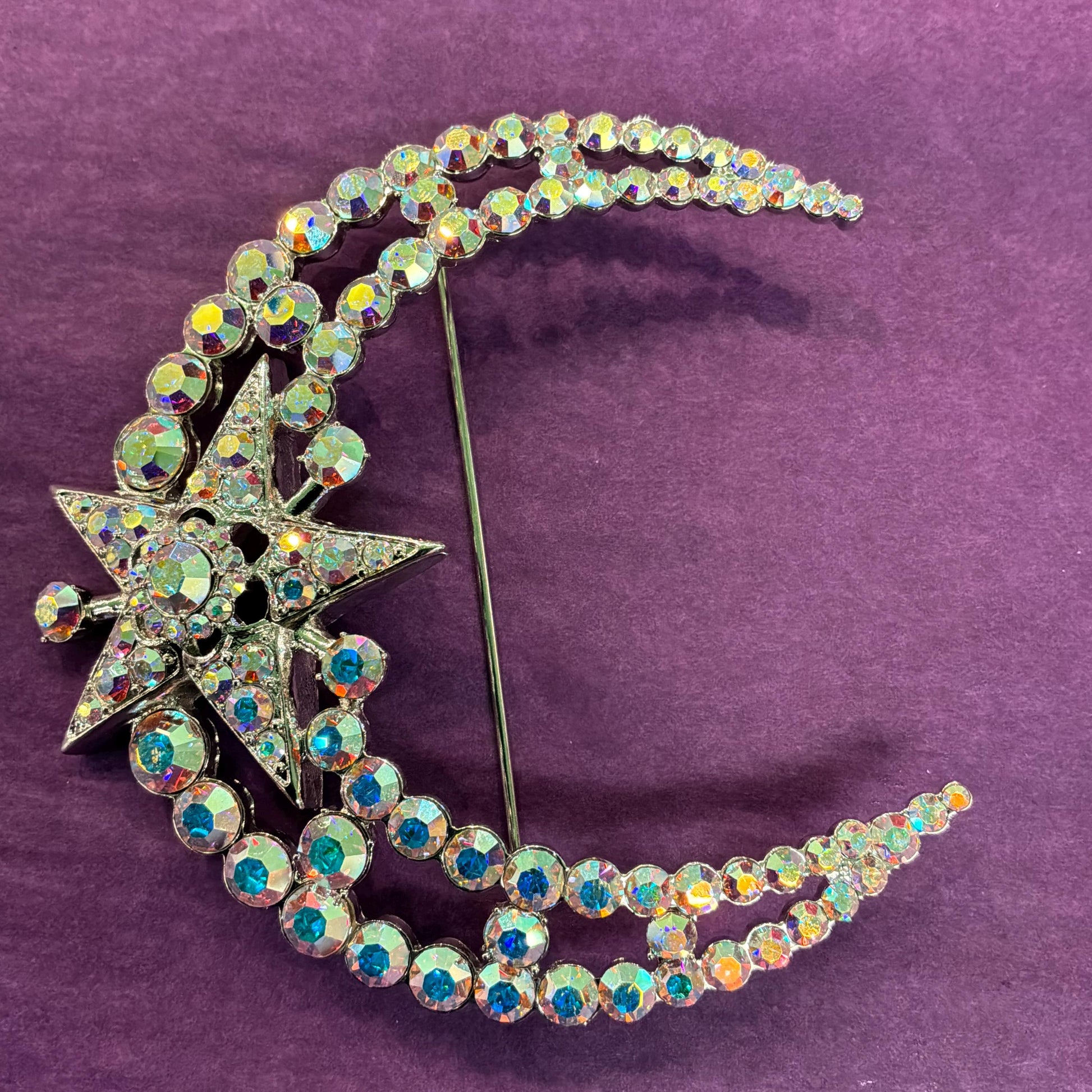 Vintage Butler and Wilson Statement Crystal Moon and Star Large Brooch, Aurora Borealis Rainbow Crystals