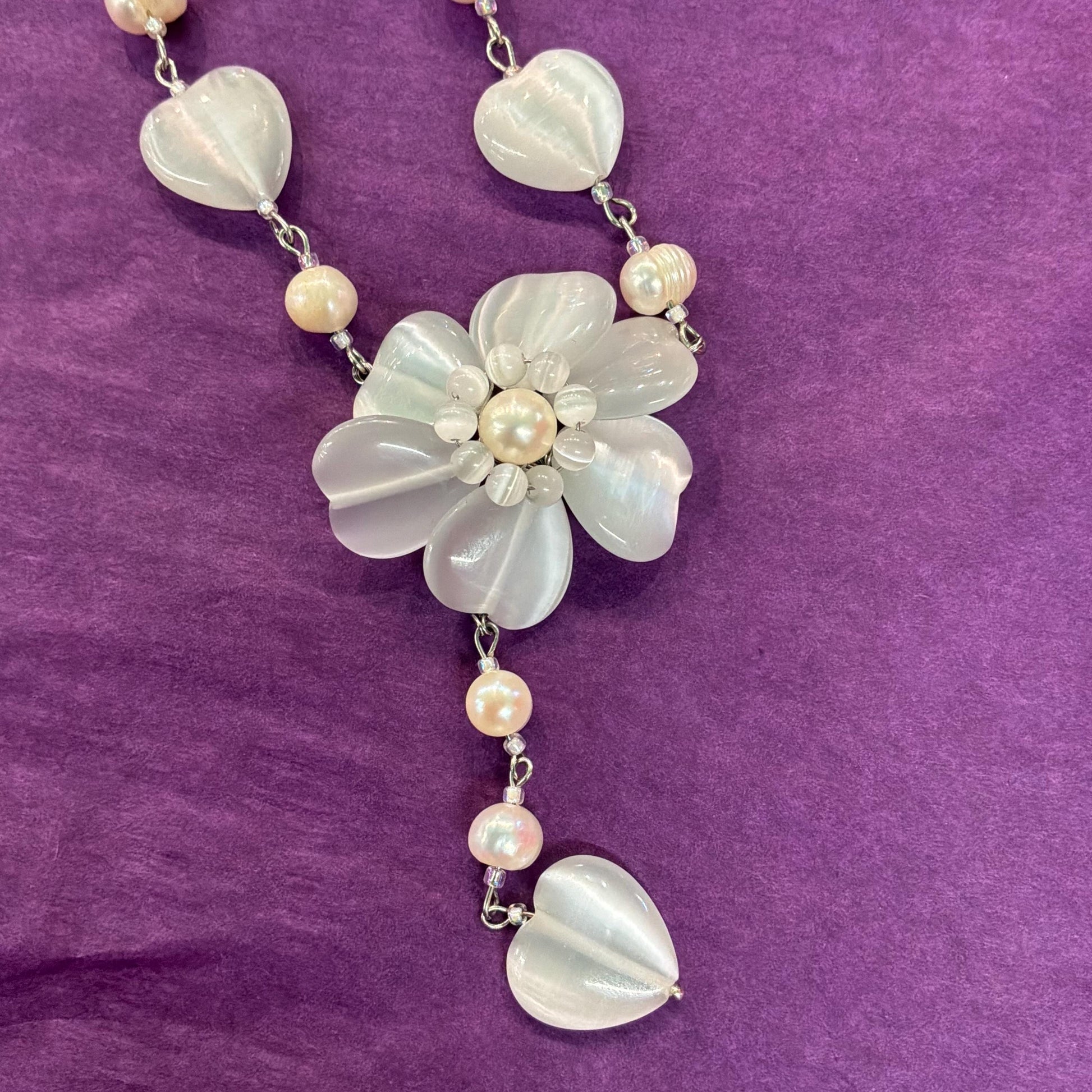 Vintage Butler and Wilson White and Ivory Fresh Water Pearl and Milk Glass Flower and Hearts ‘Y’ drop Beaded necklace, vintage wedding