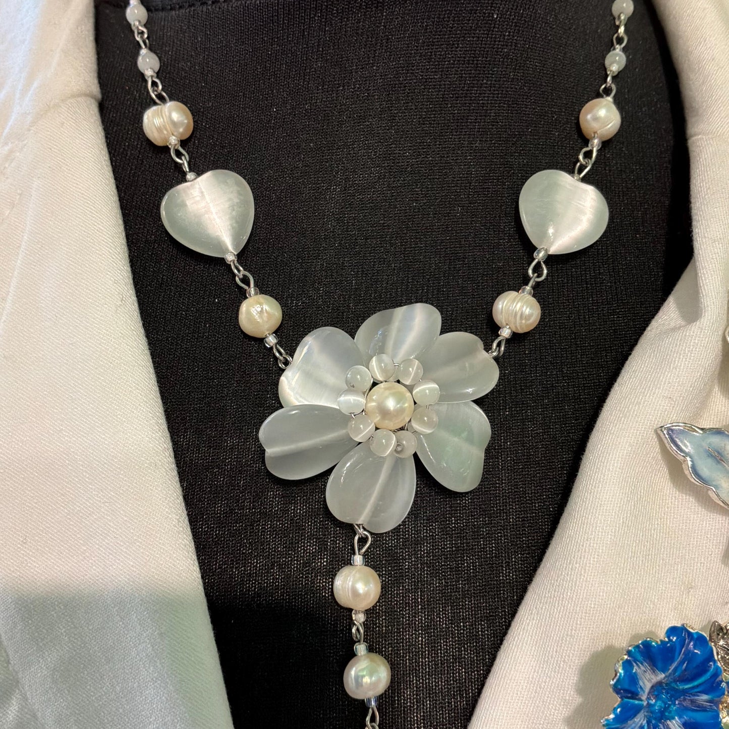 Vintage Butler and Wilson White and Ivory Fresh Water Pearl and Milk Glass Flower and Hearts ‘Y’ drop Beaded necklace, vintage wedding