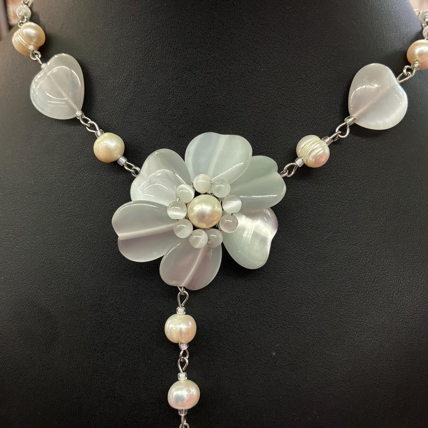Vintage Butler and Wilson White and Ivory Fresh Water Pearl and Milk Glass Flower and Hearts ‘Y’ drop Beaded necklace, vintage wedding