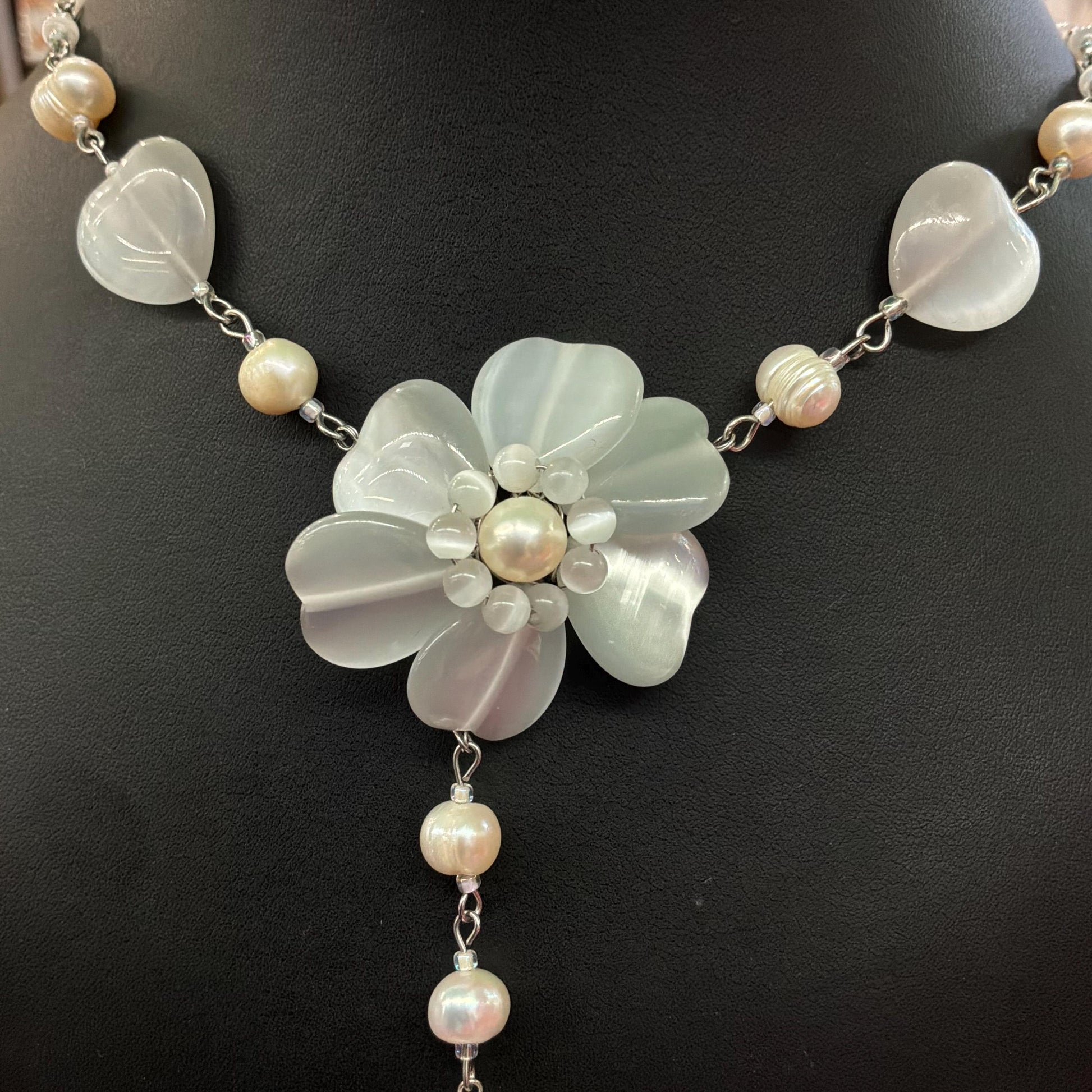 Vintage Butler and Wilson White and Ivory Fresh Water Pearl and Milk Glass Flower and Hearts ‘Y’ drop Beaded necklace, vintage wedding
