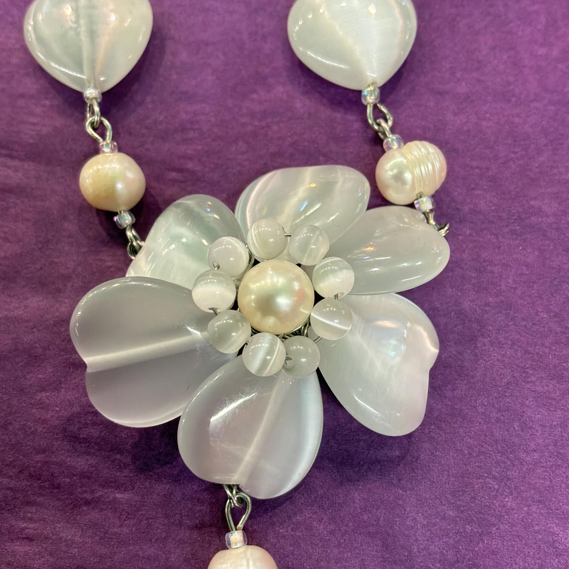 Vintage Butler and Wilson White and Ivory Fresh Water Pearl and Milk Glass Flower and Hearts ‘Y’ drop Beaded necklace, vintage wedding