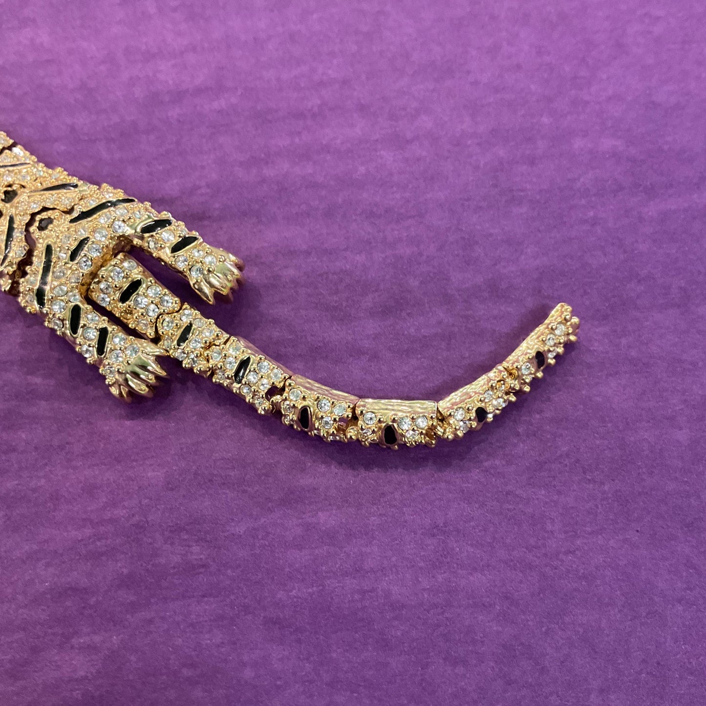 Vintage 1980s ‘Big cat’ Large Crystal Tiger Articulated Brooch/ shoulder brooch, Gold tone with black Enamel and silver rhinestones