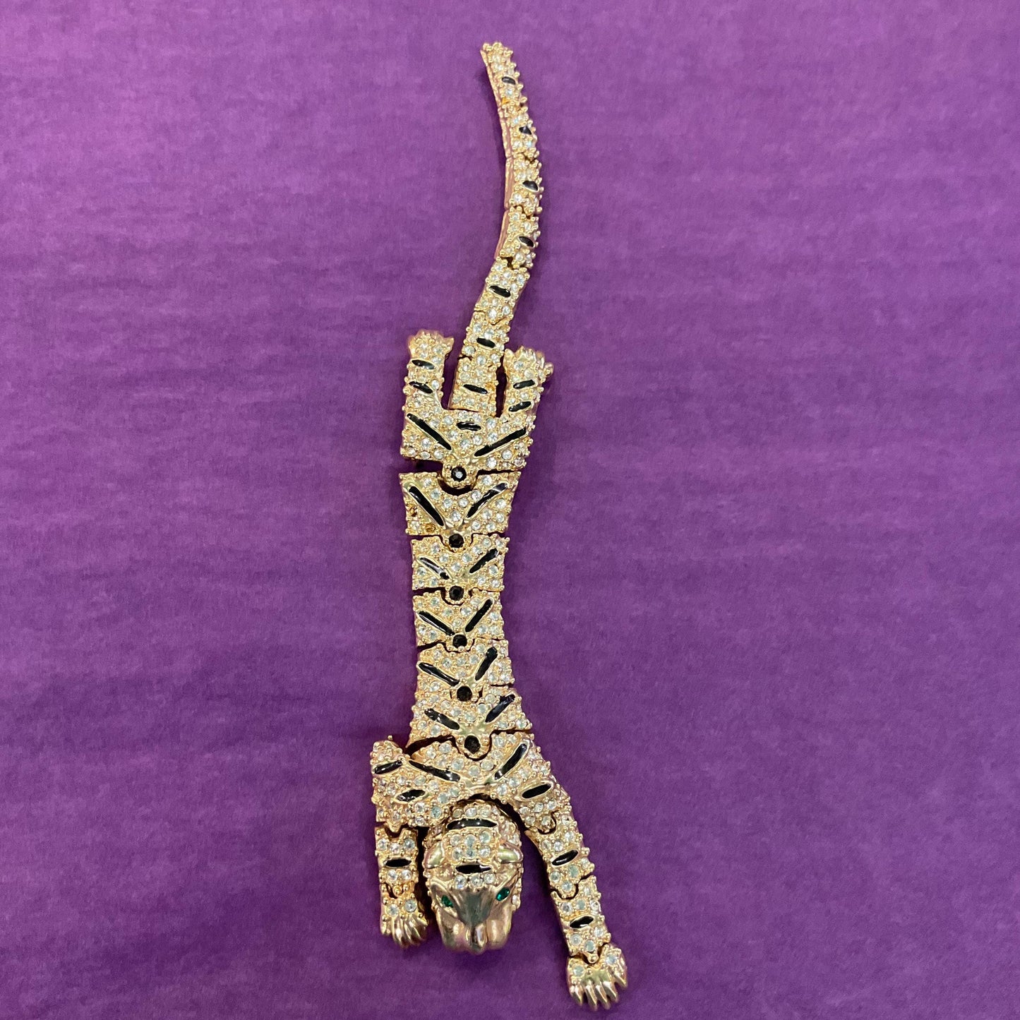 Vintage 1980s ‘Big cat’ Large Crystal Tiger Articulated Brooch/ shoulder brooch, Gold tone with black Enamel and silver rhinestones