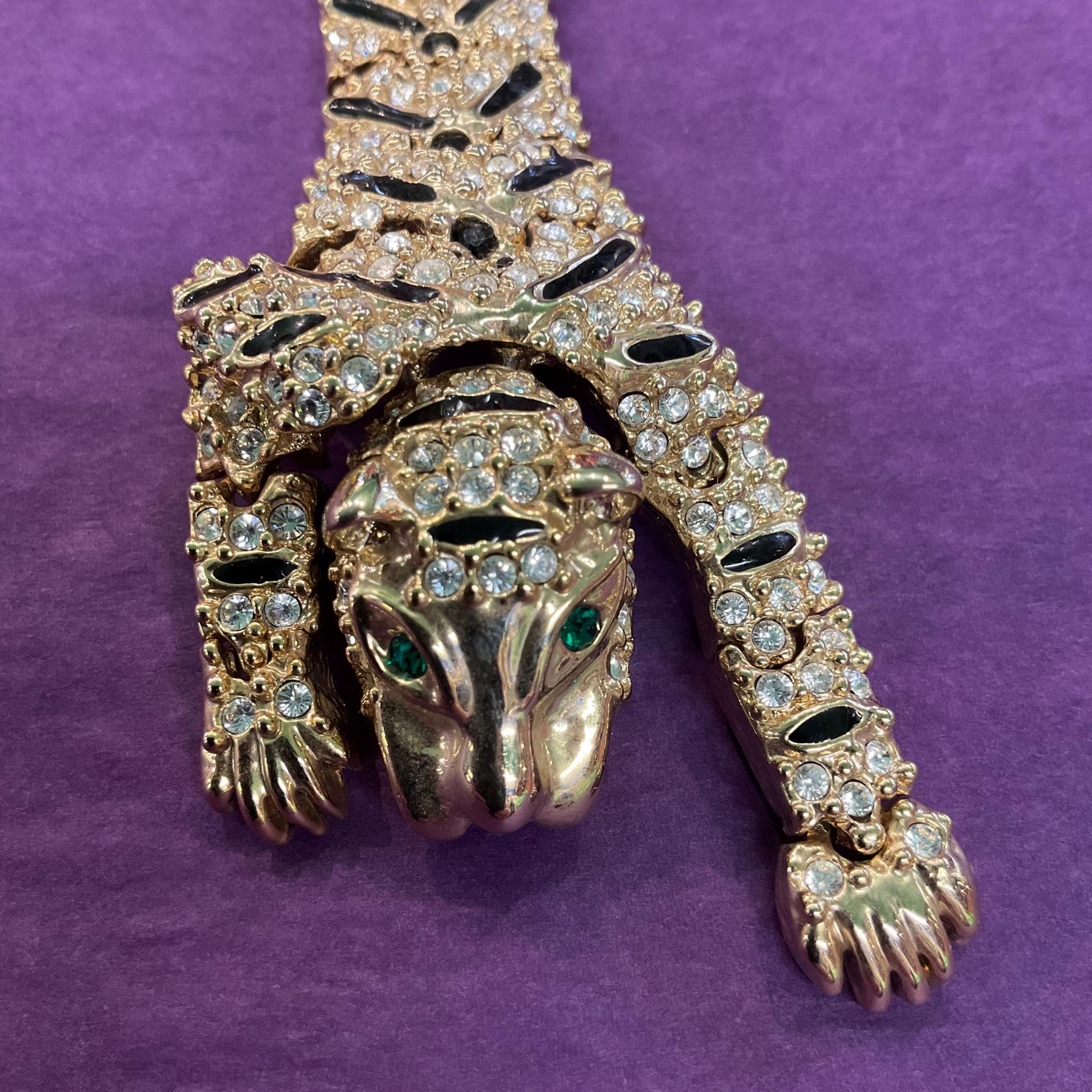 Vintage 1980s ‘Big cat’ Large Crystal Tiger Articulated Brooch/ shoulder brooch, Gold tone with black Enamel and silver rhinestones