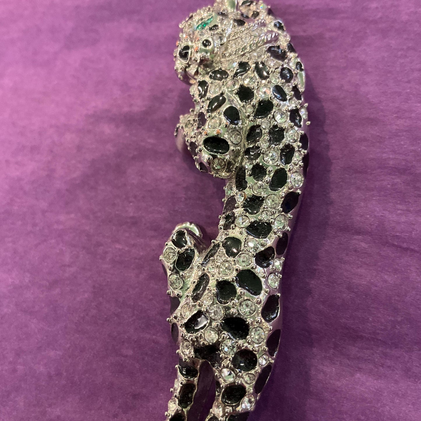 Vintage 1980s ‘Big Cat ‘ Large Leopard Brooch, Silver tone with silver rhinestones and black enamel